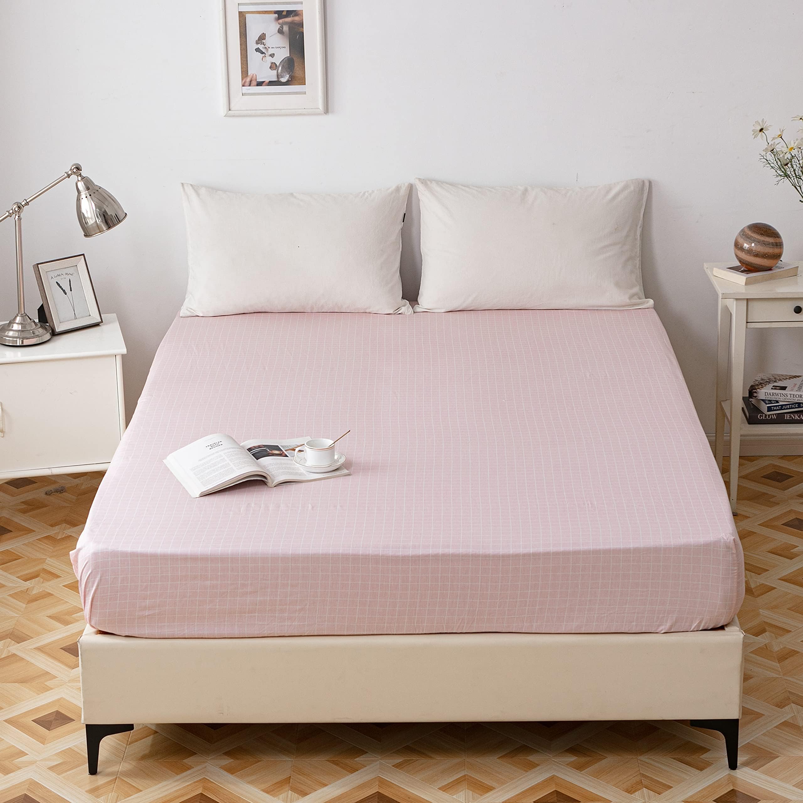 AOJIM Pure Cotton Printing Fitted Sheet Queen Size 60x80 inch with 15 inch Deep Pocket Design Pink Grids Mattress Cover for Kids and Adults