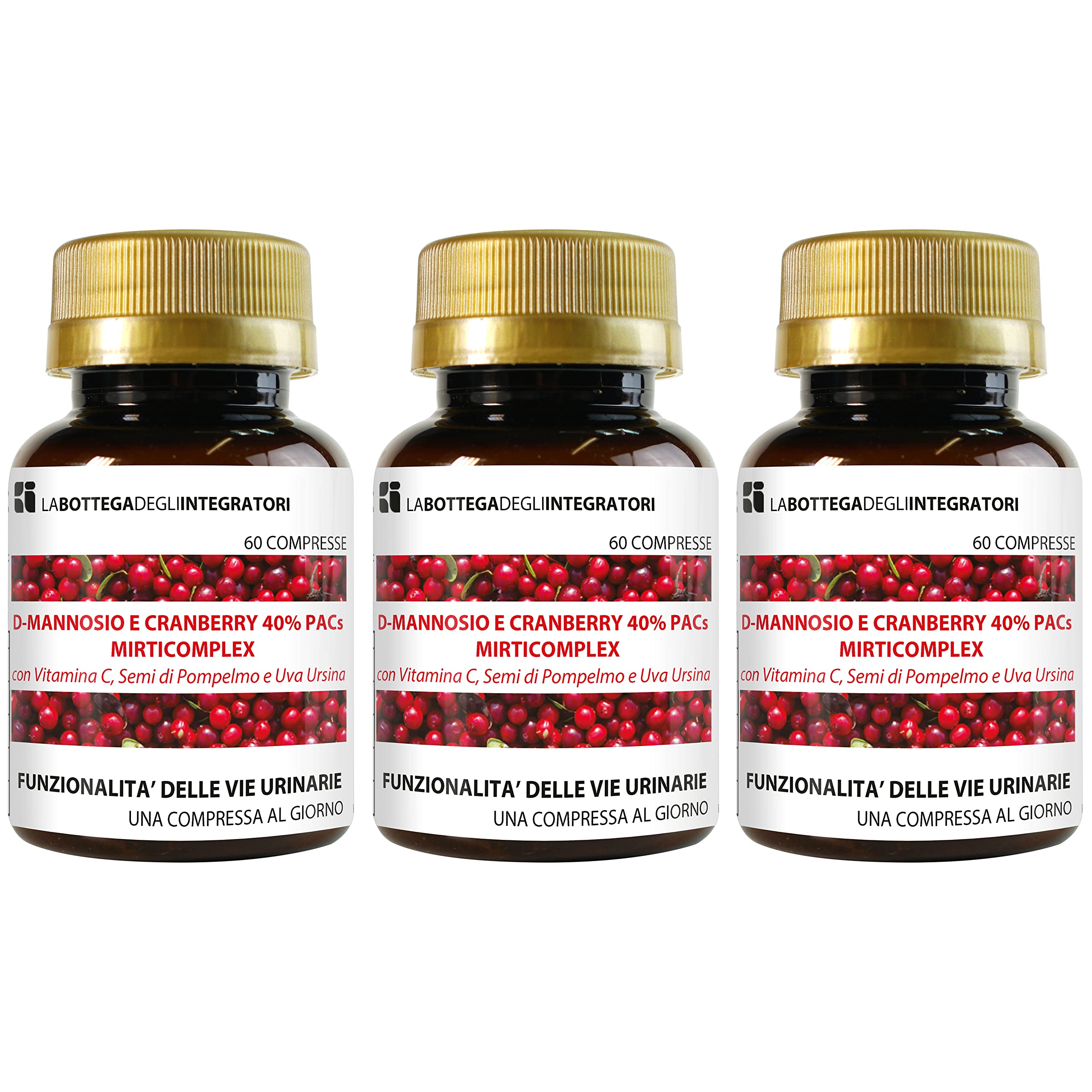 D - Mannosio e Cranberry 40% PAC Mirti Complex con Semi di Pompelmo, Uva Ursina e Vitamina C | 180 compresse 1 al dì | Mirtillo Rosso ad Alto Dosaggio