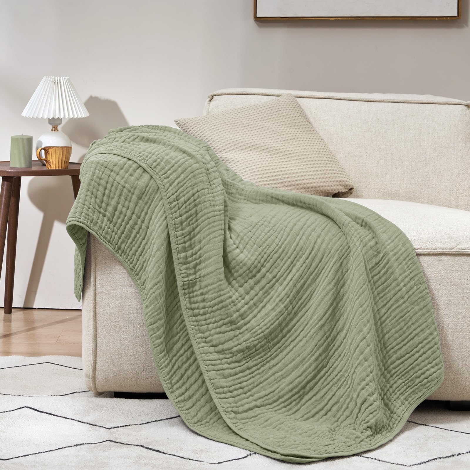 phf cooling muslin throw xl blanket 50"x70", 6-layer lightweight gauze blanket made from 35% rayon derived from bamboo & 65% cotton, breathable & ultra soft cozy for hot sleepers, tea