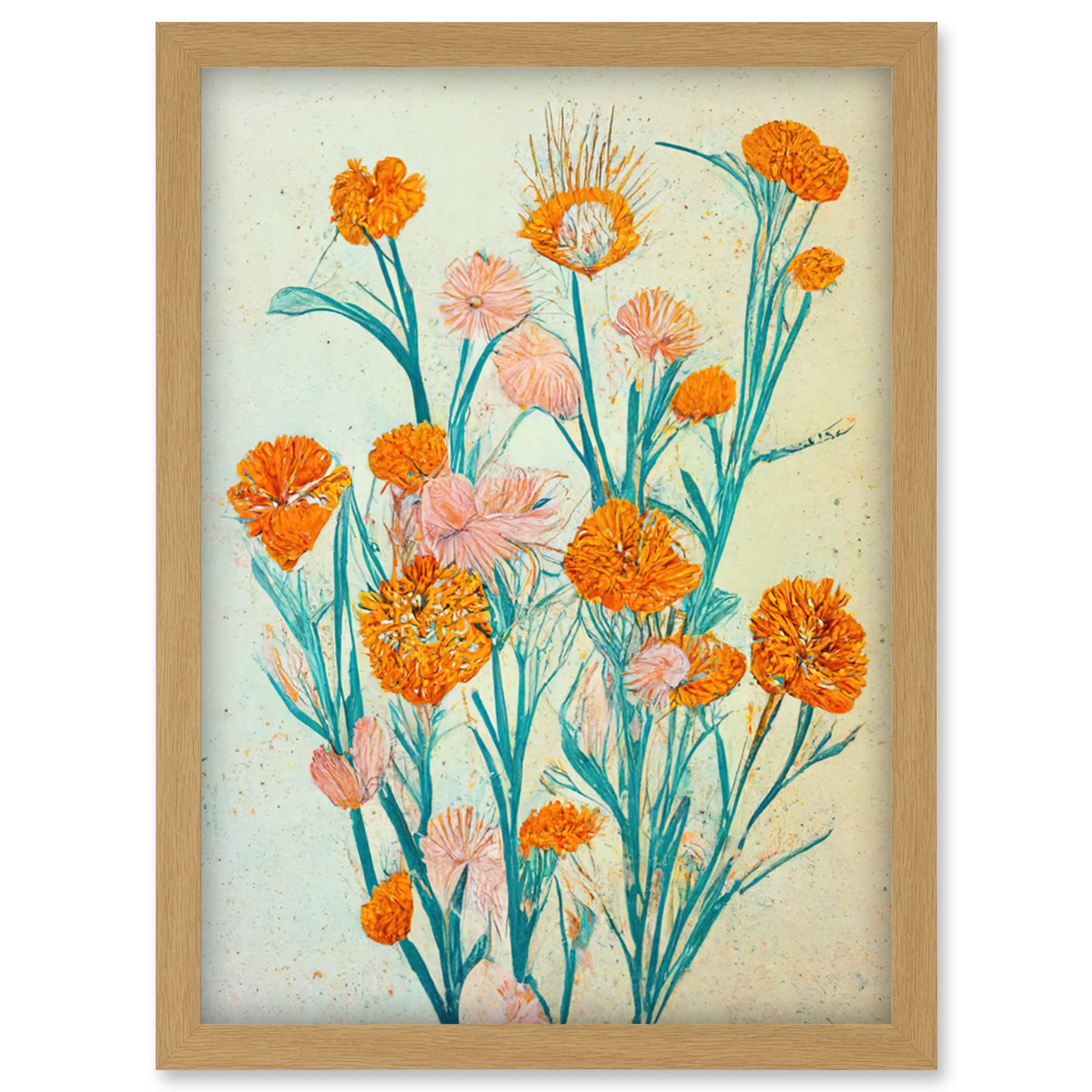 Artery8 Framed Wall Art Print - Boho Marigold Flowers - Teal Orange Painting Artwork - A4 Size
