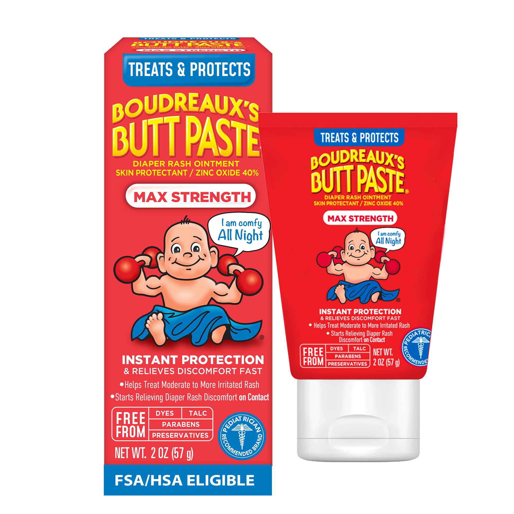Boudreaux's Butt PasteMaximum Strength Diaper Rash Cream, Ointment for Baby, 2 oz Tube