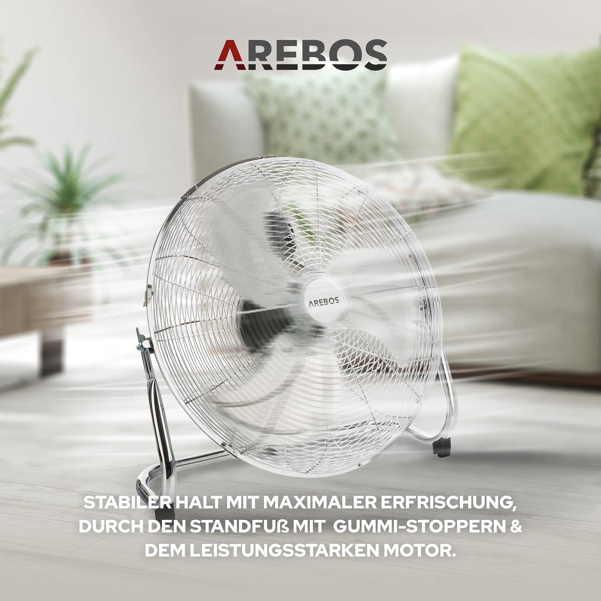 Arebos Bodenventilator Ø45 cm | Windmaschine Retro Stil | Ventilator | 3 Geschwindigkeitsstufen | hoher Luftdurchsatz | 100° einstellbarer Neigungswinkel | Chrom