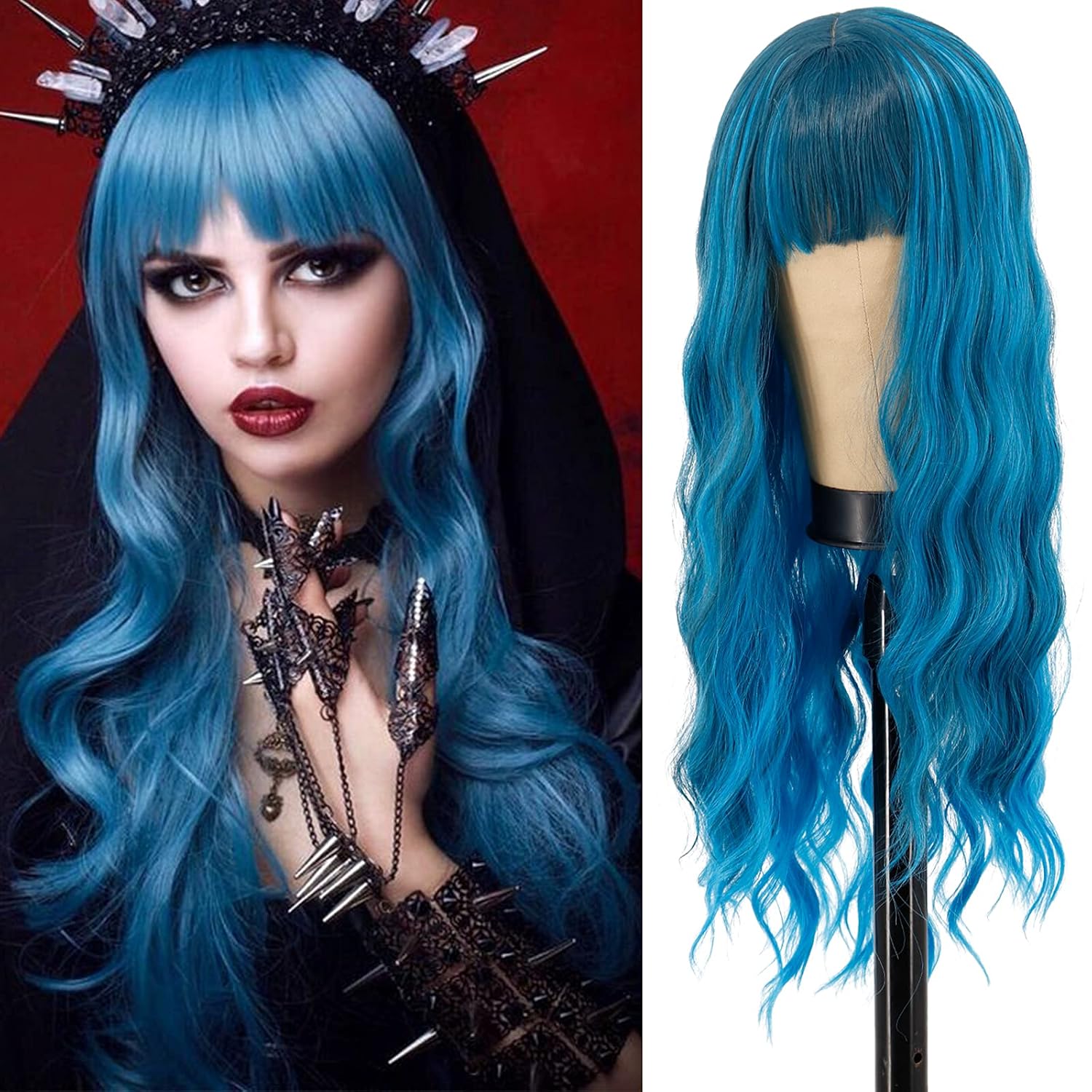 MERISIHAIR Long Wavy Blue Wig with Bangs,Natural Looking Blue Wigs for Women,Heat Resistant Synthetic Wig for Daily Use Party