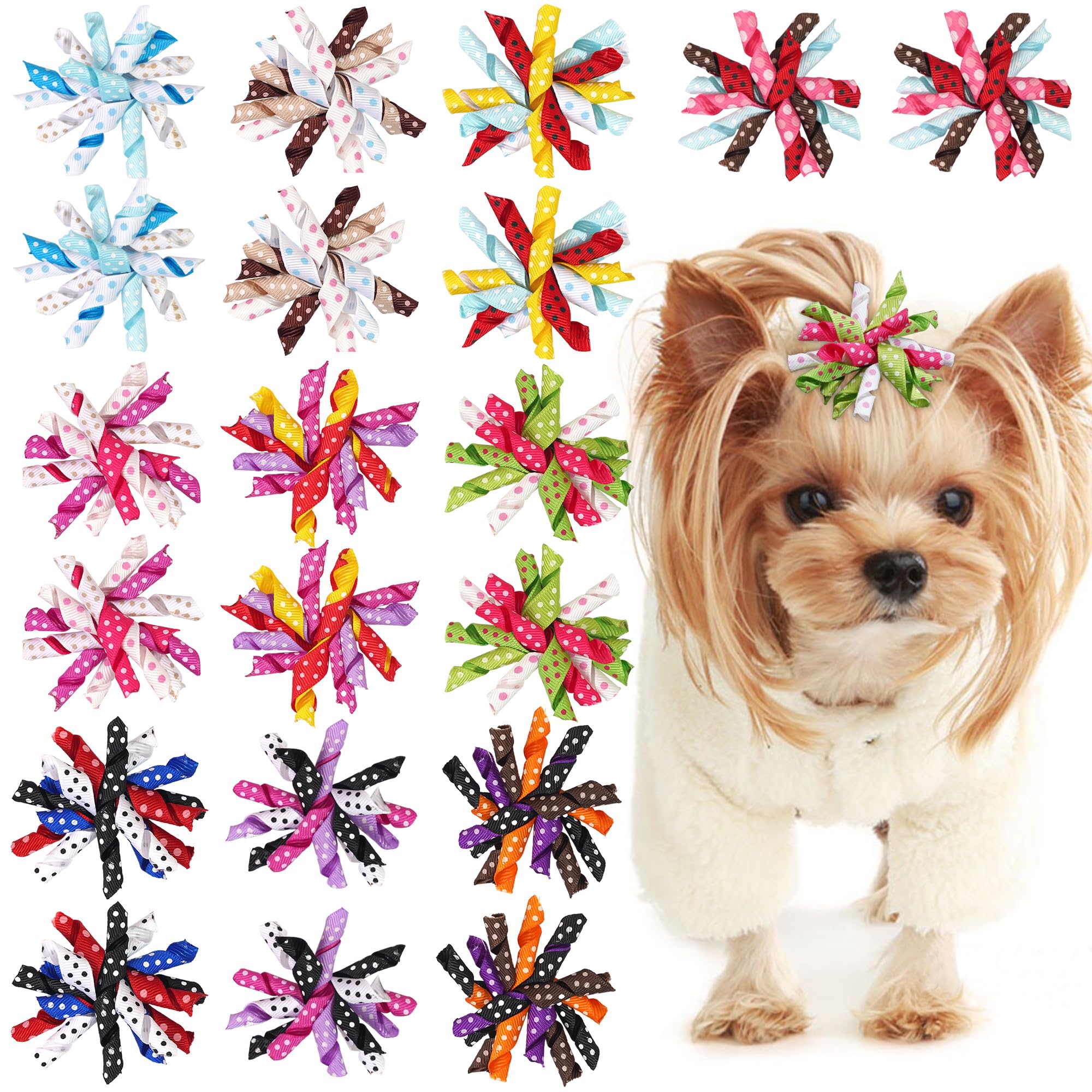 Yxiang 20PCS Cute Puppy Bows with Rubber Band - Colored Polka Dot Dog Hair Accessories for Small Dogs