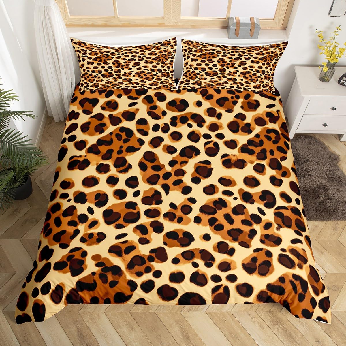 Loussiesd Brown Leopard Print Bedding Set Super King Size Kids Cheetah Duvet Cover for Boys Girls Teens Safari Wildlife Animal Fur Print Hunting Duvet Cover Soft Lightweight Room Decor 3Pcs — image 1