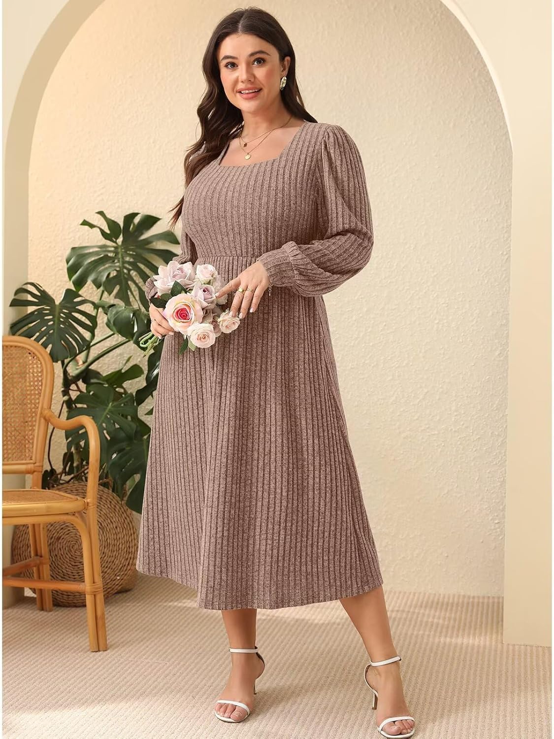 BELAROI Plus Size Dresses for Curvy Women Maxi Sweater Dress Long Sleeve Midi Fall Winter Outfits Lighweight Square Neck - Image 3