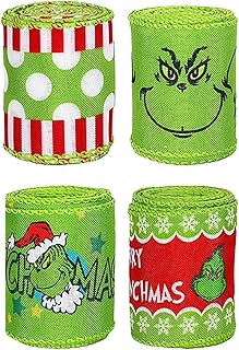 Grinchs Christmas Ribbon 4.5M Grinchs Ribbon for Christmas Decorations Indoor Outdoor DIY Green Grinchs Ribbon for Christmas Tree, Gift Wrapping, Crafts