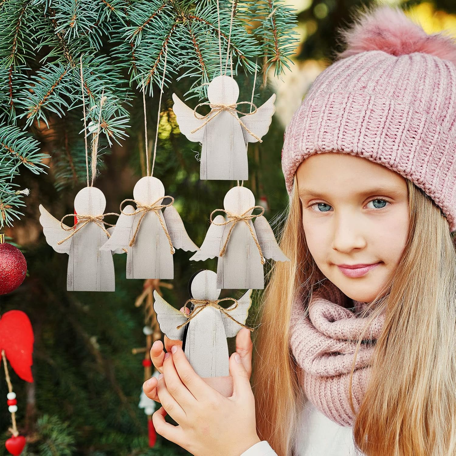 Yookeer Angel Ornaments Christmas Decorations Indoor Rustic Wood Angel Christmas Tree Decoration Farmhouse Whitewash Figurine for Home Office Tree Fireplace Garland(8 Pieces) - Image 5