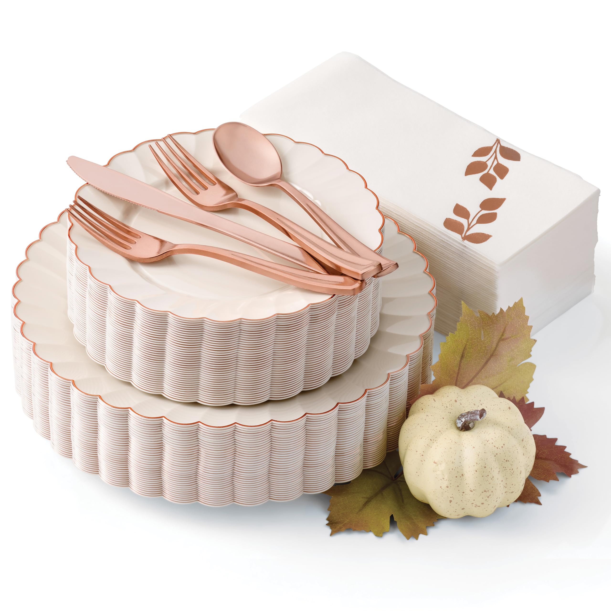 By Madee HEAVYWEIGHT 175 Pc Thanksgiving Plastic Plates and Napkins Sets – Ivory Scalloped Plates with Rose Gold Trim | Fall Disposable Dinnerware Set | Host Beautifully (25 Guests)