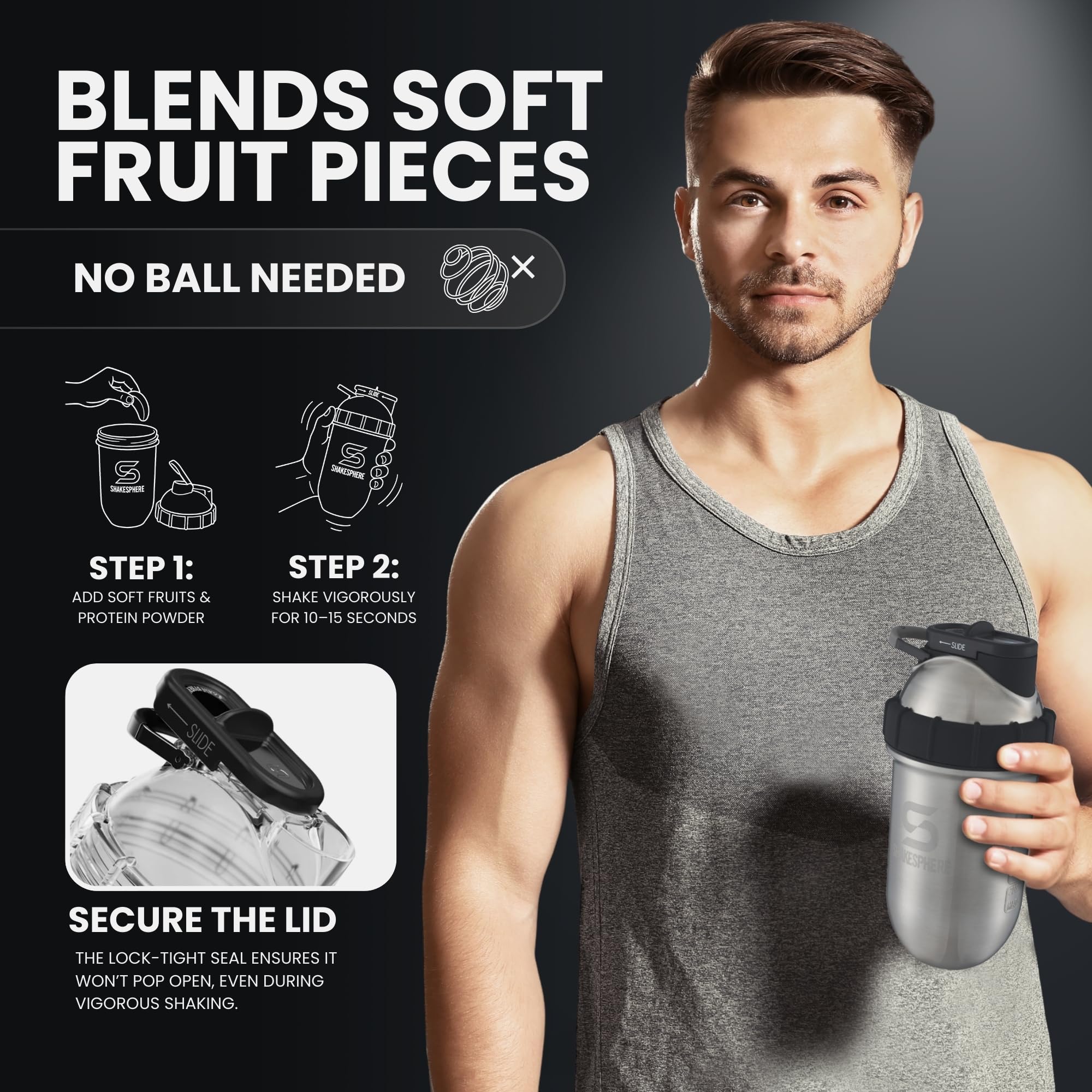 Vaso Shakesphere de acero: botella coctelera de proteínas mantiene las bebidas calientes y frías frías, 24 onzas, no necesita bola o batidor, fácil de limpiar, sin BPA, batidos