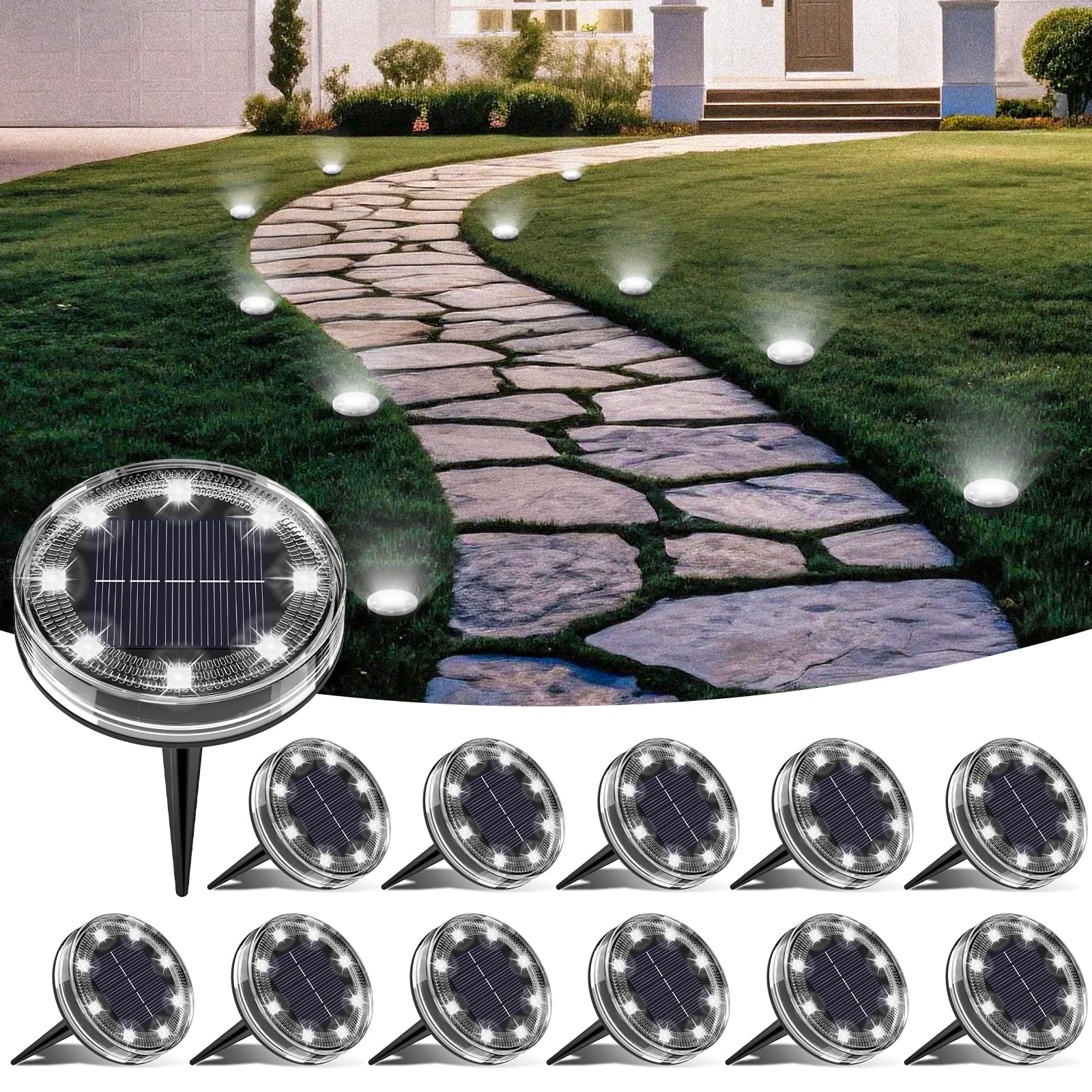 LOTMOS Solar Lights Outdoor Garden, 12 Pack 8 LED Solar Ground Disk Light, IP65 Waterproof Garden Lights for Pathway Lawn Yard Patio Landscape Walkway (Cool White)