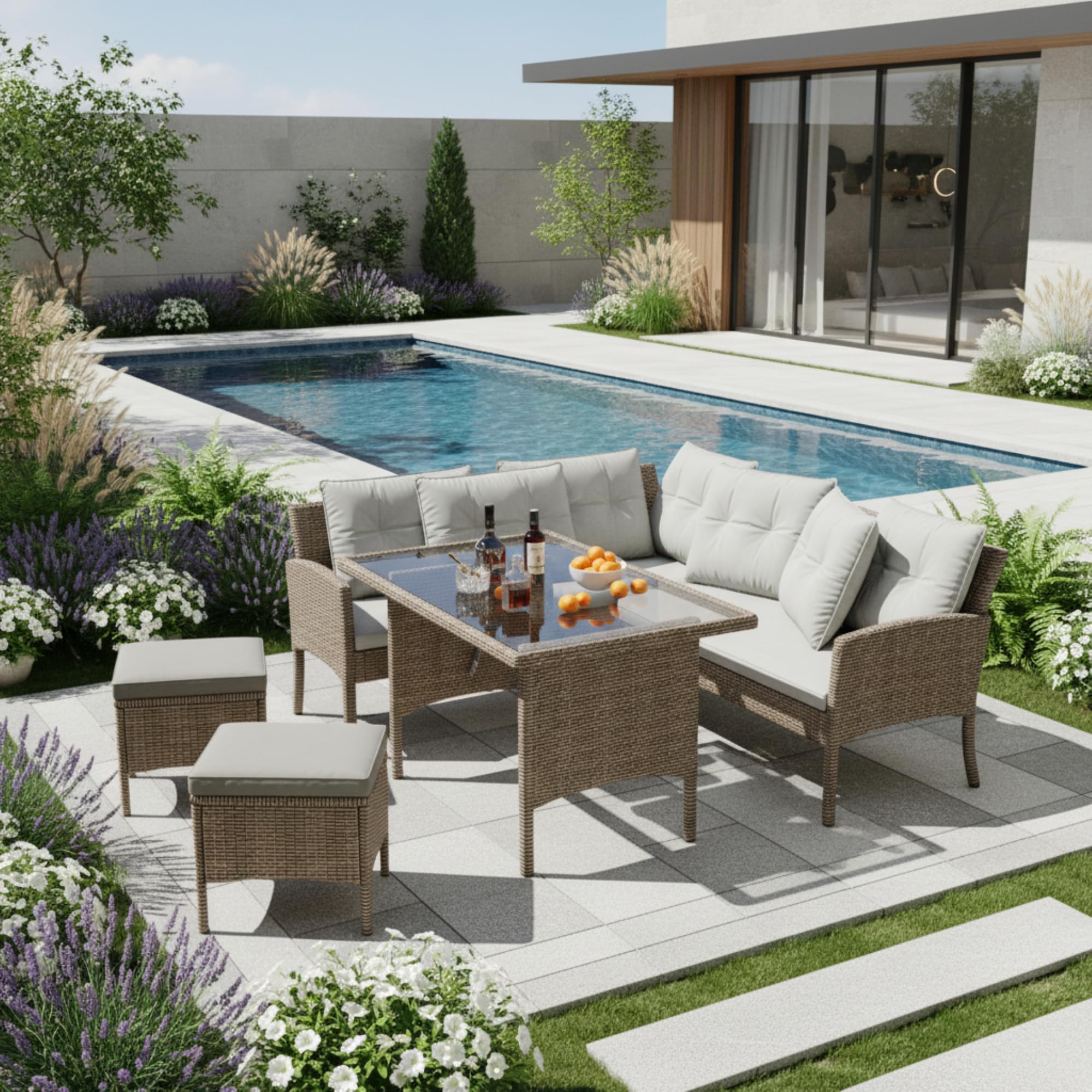 Salon de Jardin Exterieur 7 Personnes en Poly Rotin avec Table Coussin en Verre Trempé, Canapé d'angle Modulable, Housse Démontable, Ensemble Mobilier de Terrasse