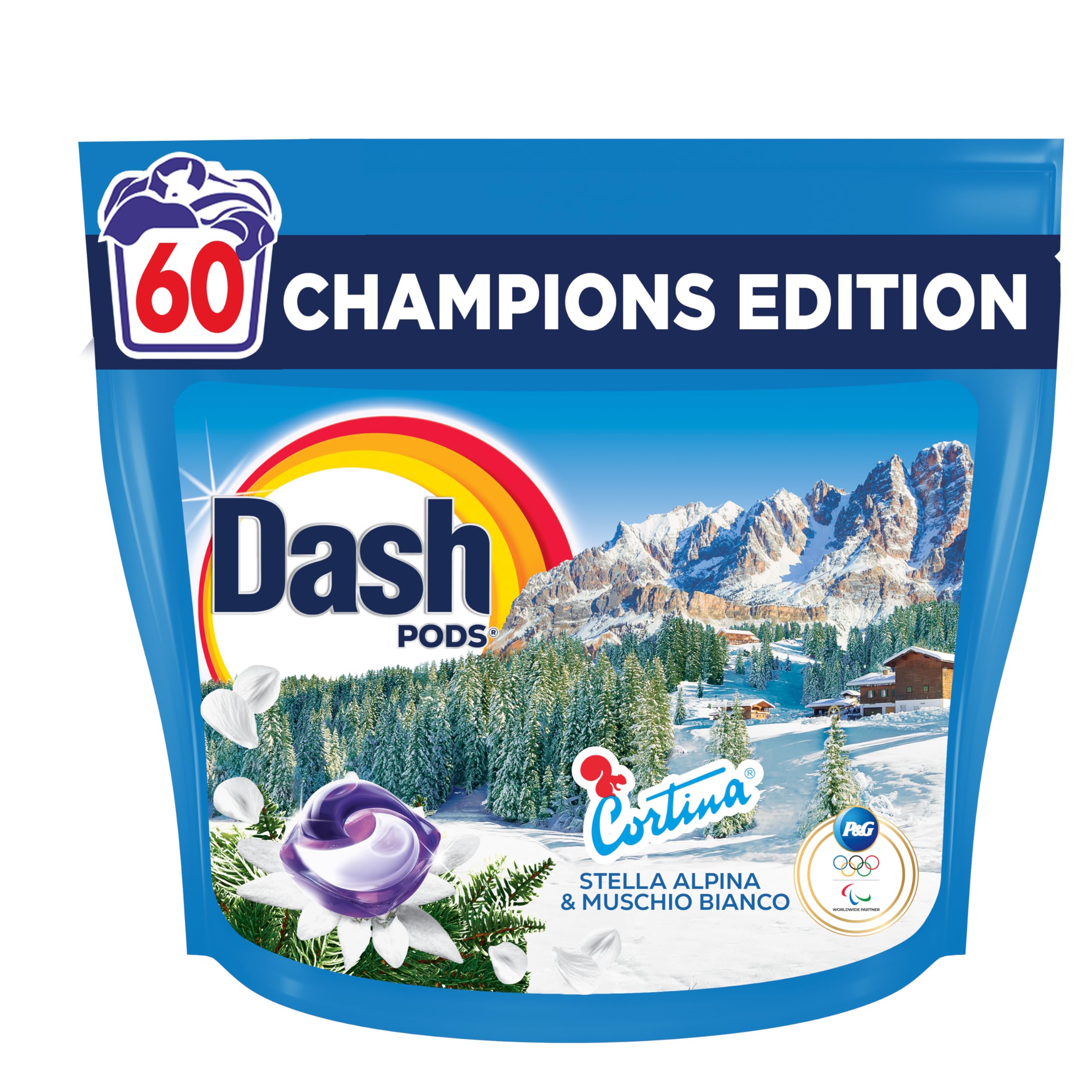 Dash Pods Detersivo In Capsule, 60 Lavaggi, Champions Edition, Cortina, Stella Alpina e Muschio Bianco, Pulito e Freschezza in 1 solo lavaggio