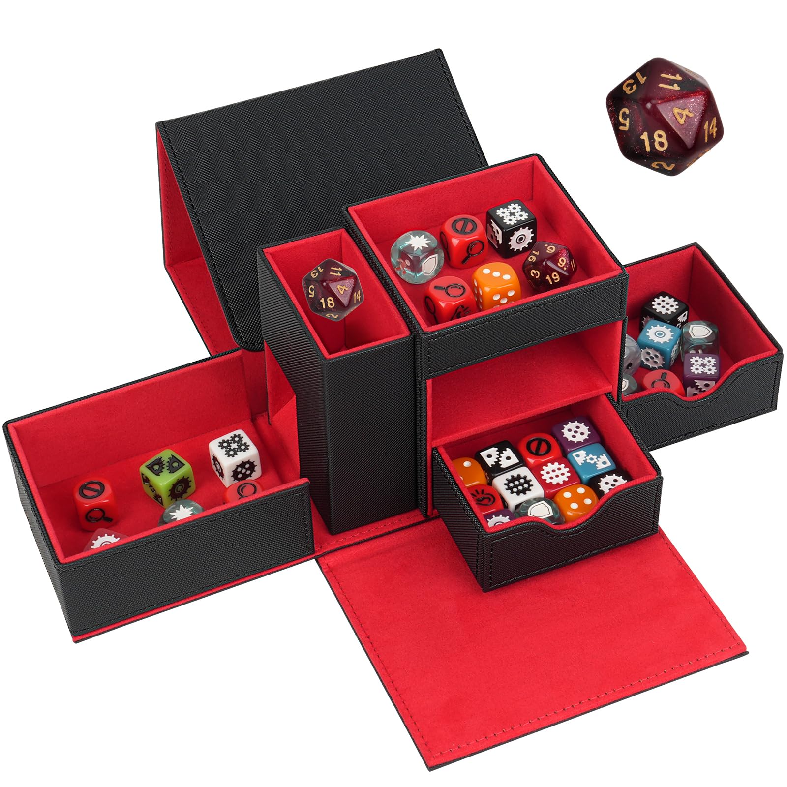 Jaffzora Dice Tray & Dice Roller Tower, Magnetic Dice Storage Box for Rolling, 3 in 1 Leather Dice Organizer Holder Fits for Dungeons & Dragons, MTG DM and Player, Black & Red