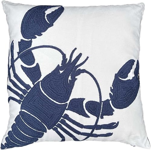 Funda de almohada bordada de langosta azul marino, cuadrada de 18 pulgadas, funda de almohada decorativa de lona para estilo náutico langosta azul