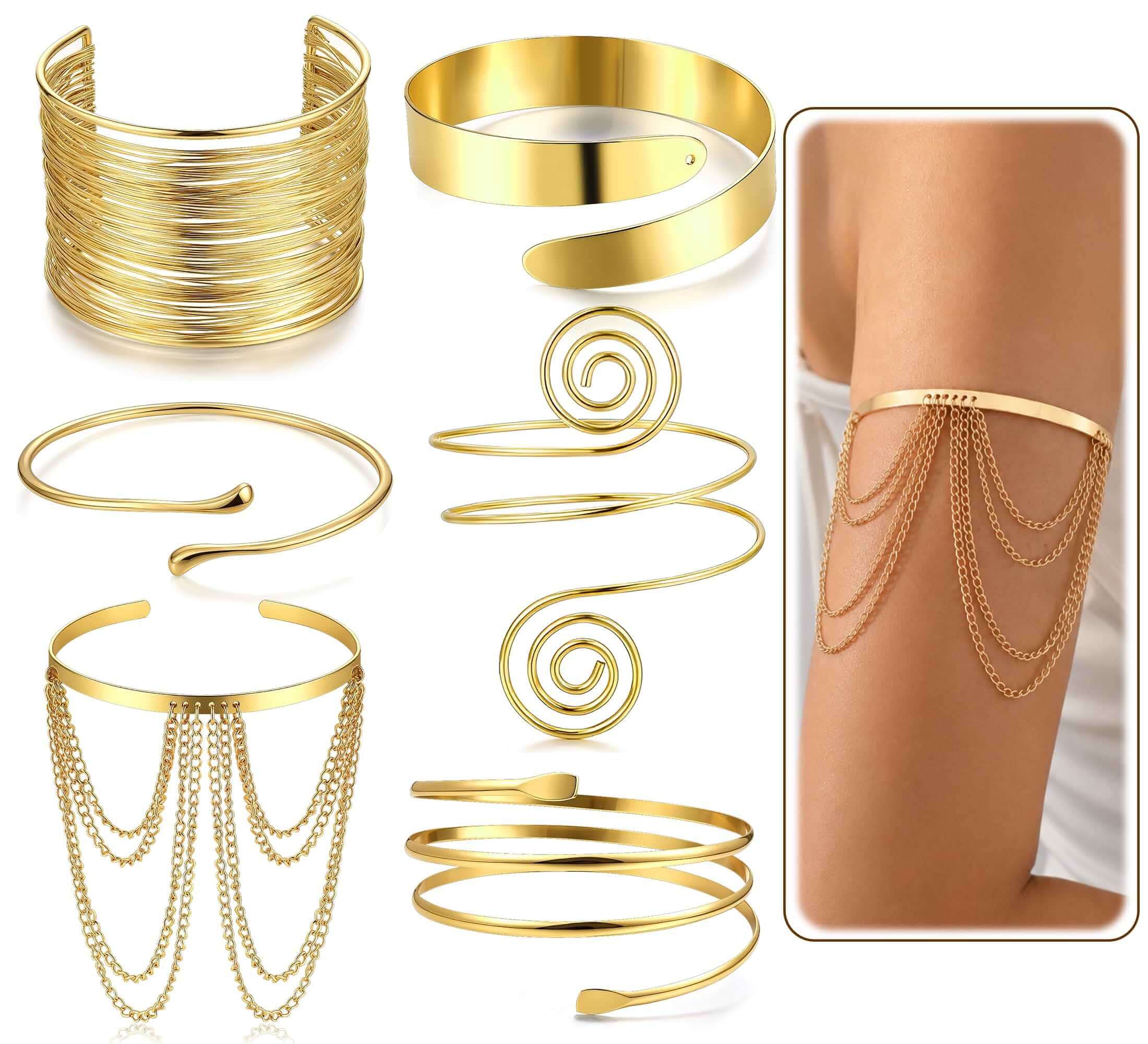 6PCS Gold Arm Cuff Bracelet Set, Adjustable Statement Upper Arm Jewelry Adjustable open design, Boho style, Lightweight comfort, Perfect for festivals, parties and daily outfits