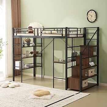 Amazon.co.jp: ロフトベッド シングル パイプベッド デスク付き 階段