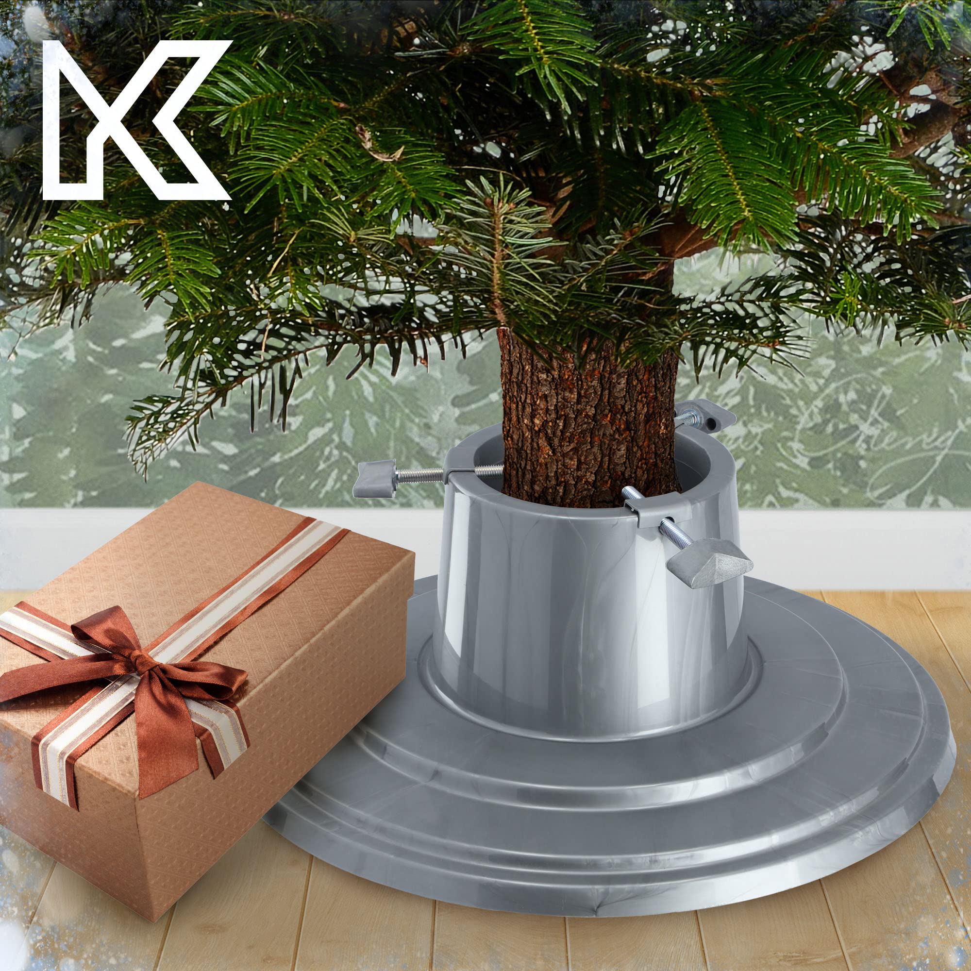 KADAX Weihnachtsbaumständer, Christbaumständer mit Wasserbehälter, Tannenbaumständer für einen echten Baum, Kunststoffständer für einen Weihnachtsbaum (Silber / Baumhöhe bis 2m)