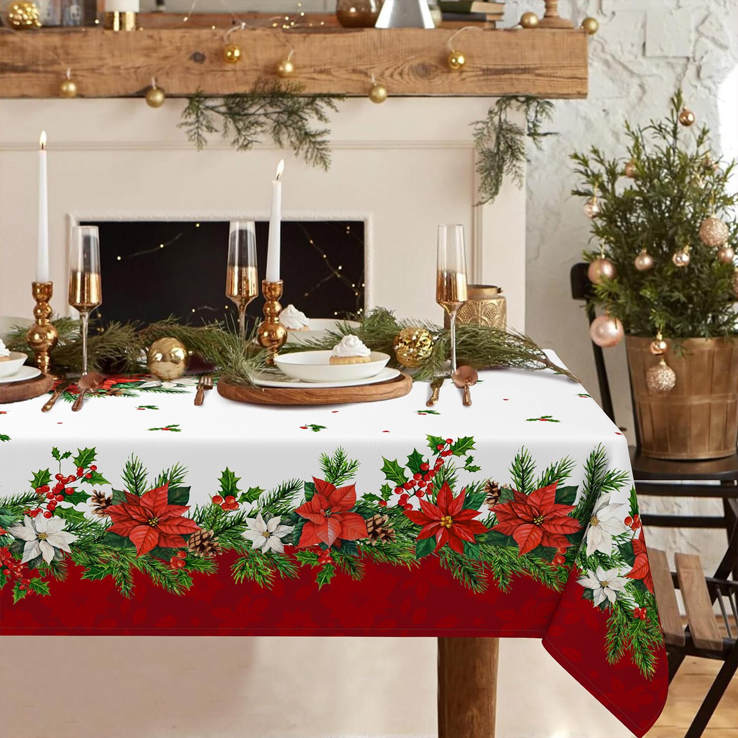 Christmas Tablecloth 60x102In,Red Poinsettia Holly Pine Cone Rectangle Christmas Table cloth,Polyester Waterproof Wrinkle Resistant Durable Xmas Tablecloth For Holidays,Kitchen,Winter And Home Decor — image 1