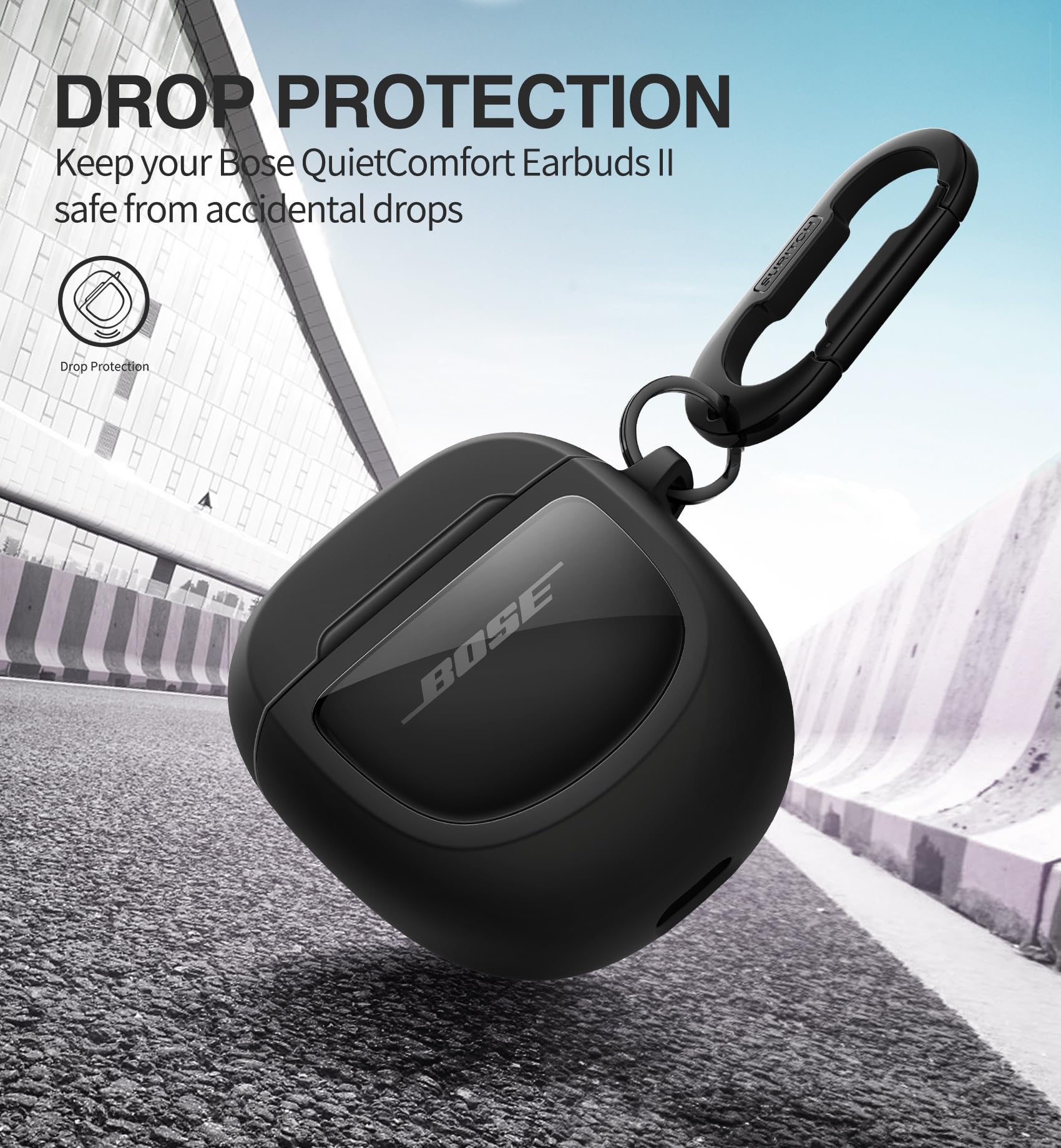 SURITCH Hülle für Bose QuietComfort Earbuds II 2022/QuietComfort Ultra 2023/Ultra Earbuds 2. Gen. 2025,Stoßfeste TPU Schutzhülle mit Karabiner & Schlüsselbund & Transparentem Logo Fenster (Schwarz)