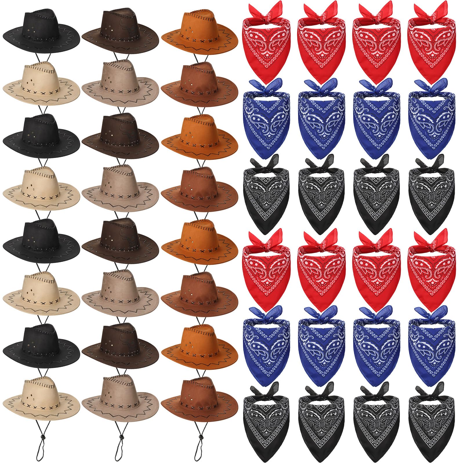 Cindeer 48 Pcs Cowboy Hat and Bandana for Adult Bulk 24 Western Cowgirl Straw Hat 24 Bandanas for Women Men Cosplay Party