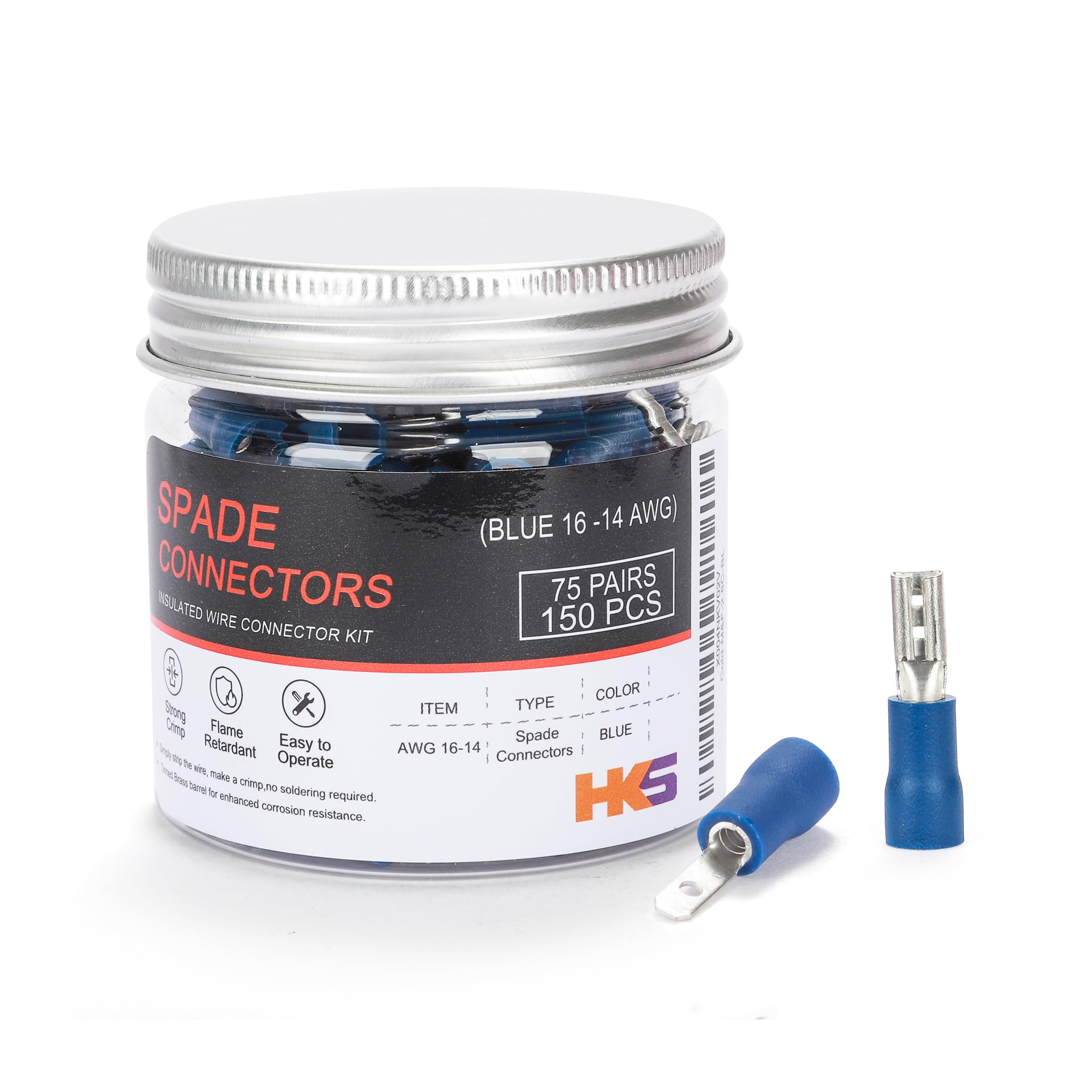 HKS 150PCS/75Pairs Blue Male & Female Vinyl Insulated Spade Connectors, 16-14 AWG (1.5-2.0 mm²) Quick Disconnect Terminals, 2.8 mm (0.11") PVC-Sleeved