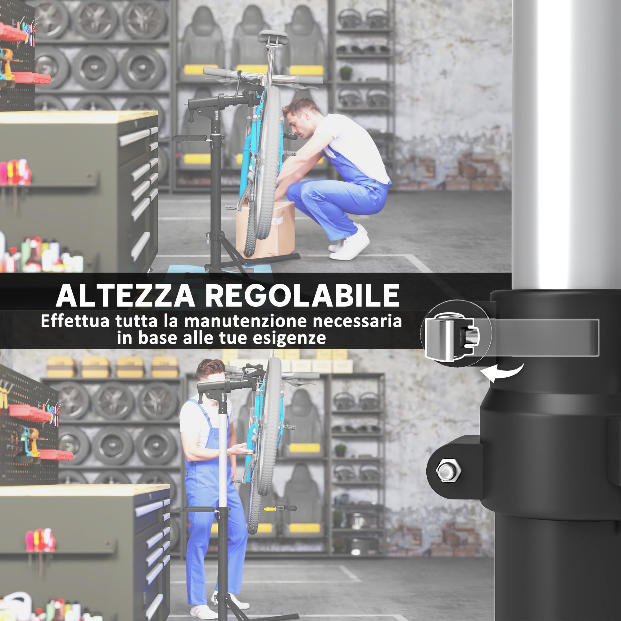 HOMCOM Cavalletto per Riparazione Bici, Supporto Manutenzione Biciclette con Altezza Regolabile, Girevole a 360° e Pieghevole, Cavalletto Manutenzione Bici, per Universale Massimo 40 kg, Nero