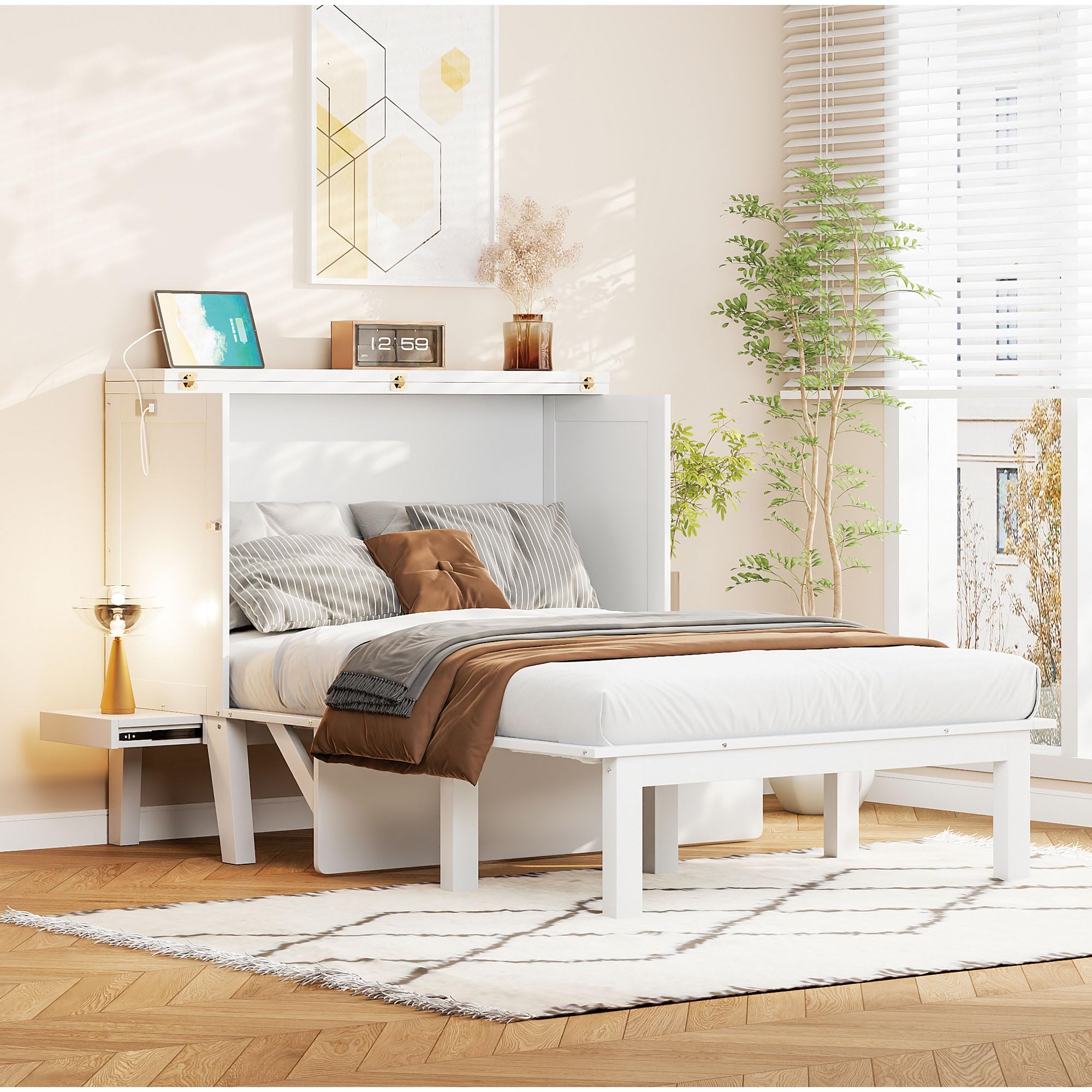 Merax Full Size Murphy Bed, Bed with USB Port and Removable Shelves on Each Side,White