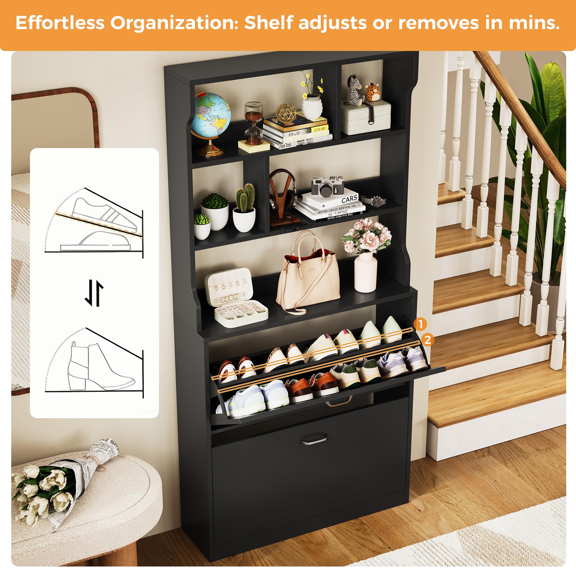 IRONCK Zapatero Alto 165cm con 2 Puertas Abatibles y 3 Estantes Abiertos, Armario Zapatero Estrecho, Mueble Organizador de Entrada para Recibidor, Pasillo y Salón, en Madera, Blanco, 165 x 80 x 24CM