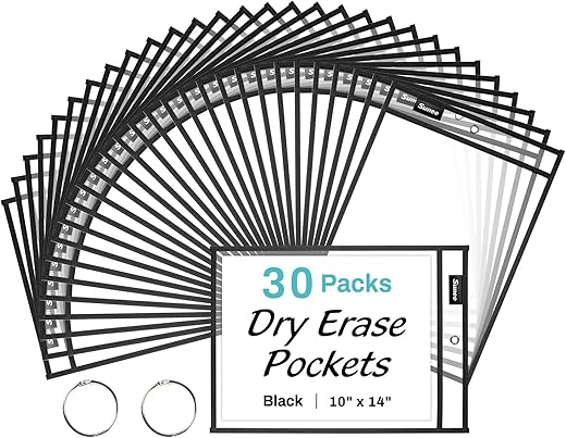 SUNEE 30 Packs Oversized Reusable Dry Erase Pocket Sleeves with 2 Rings, Black 10×14 Ticket Holders, Clear Plastic Sheet Protectors, Teacher School Classroom Supplies