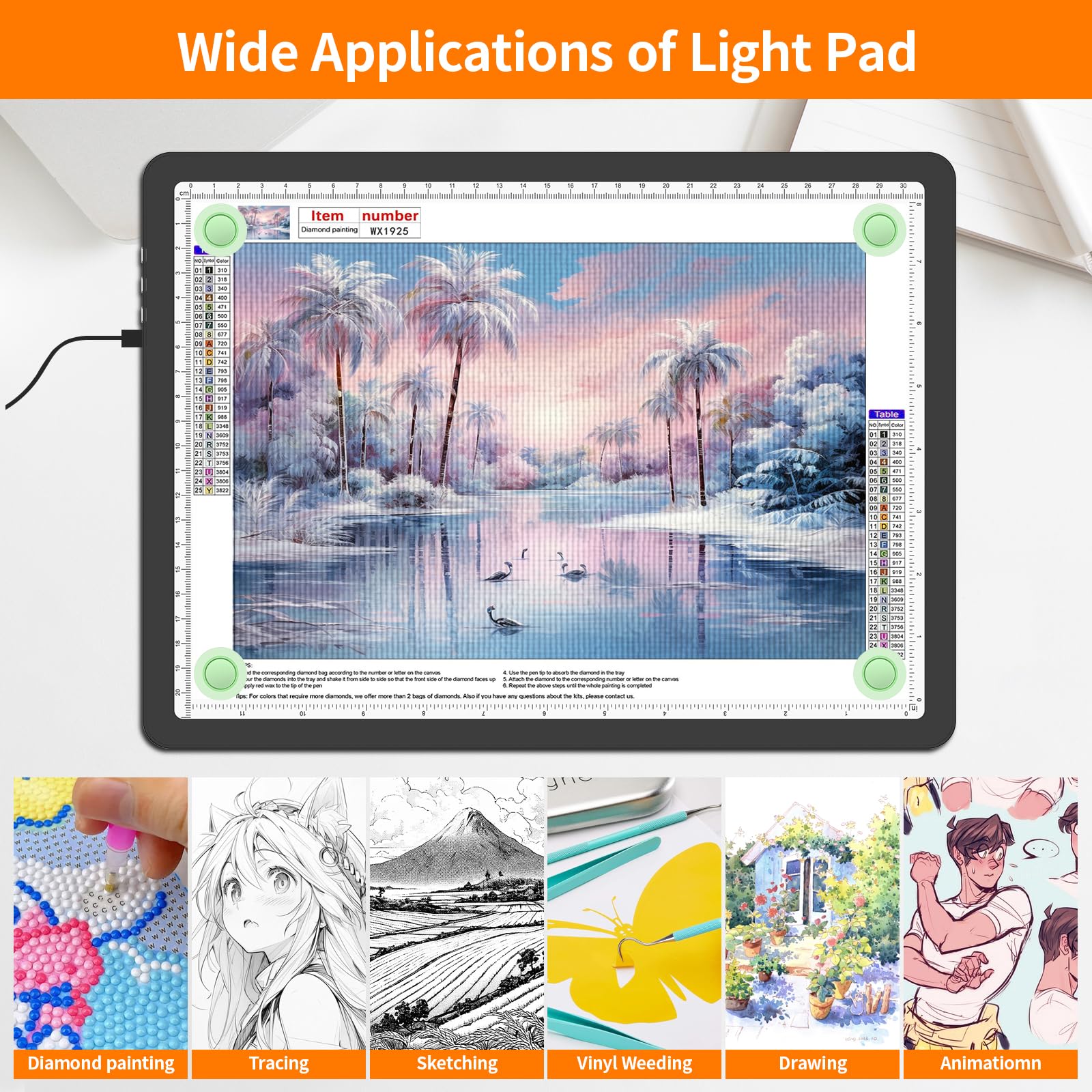 Elice Magnetische A4-Lichttafel mit Tasche für Diamantmalerei, Tracing LED Leuchtkasten mit Seitentasten, Super Bright Diamond Art Light Pad, Leuchttisch zum Zeichnen, Skizzieren, Jäten Vinyl