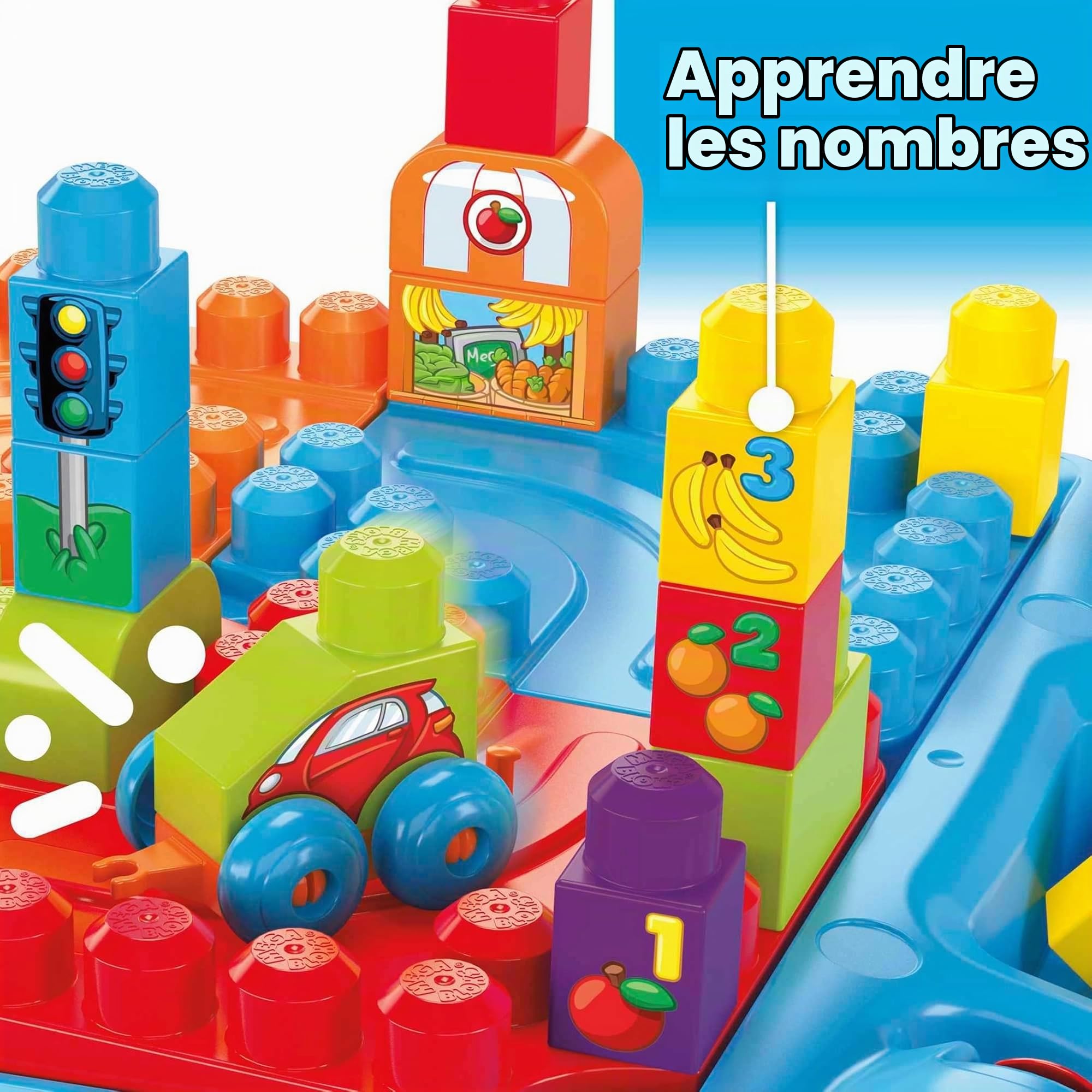 MEGA Bloks La Table d'Apprentissage bleue avec blocs de construction et 2 véhicules, 30 pièces, jouet pour bébé et enfant de 1 à 5 ans, FGV05
