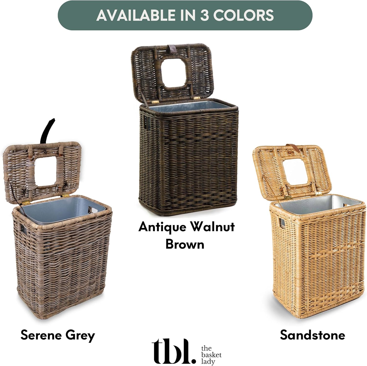 The Basket Lady Drop-in Wicker Rectangular Trash Basket with Metal Liner, 20 in L x 13 in W x 24 in H, 19 Gallon Capacity, Serene Grey…