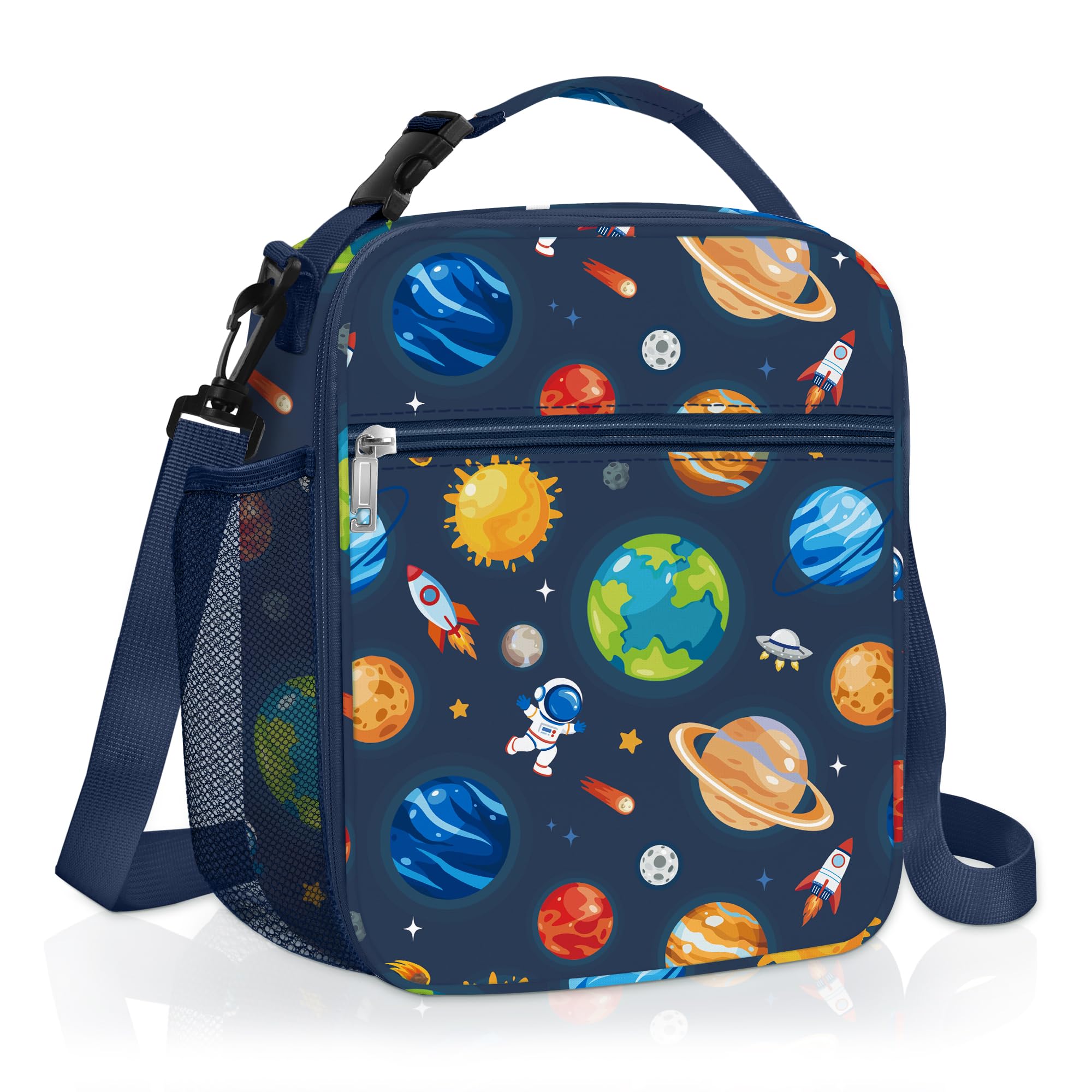 Clastyle Space Insulated Lunch Bag Star Large Thermal Cooler Bag for Boy Picnic Lunch Box Tote, Blue Planet