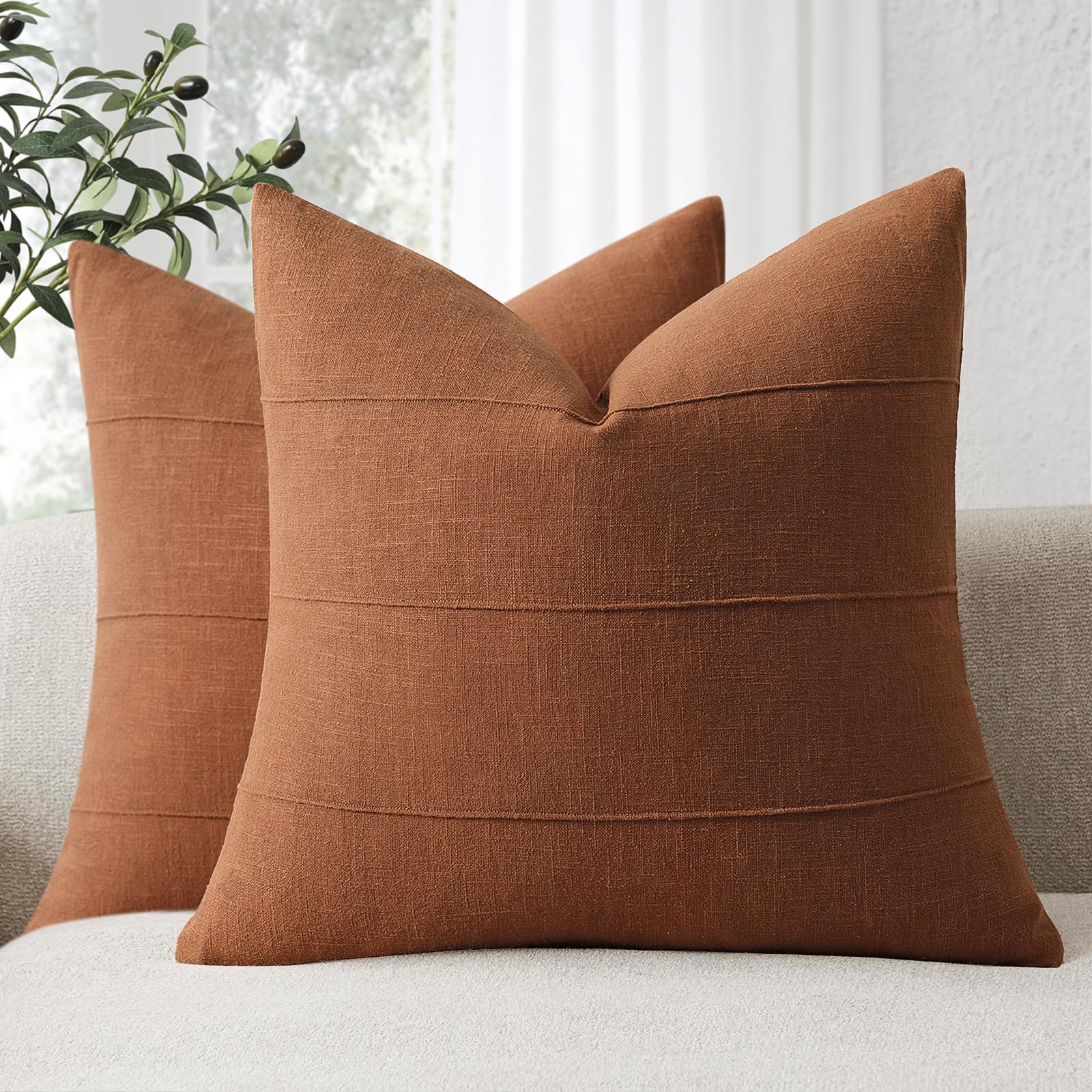 ZWJD Decorative Linen Cushion Covers 40x40 Set of 2 Solid Handcrafted Striped Throw Pillow Covers Soft Modern Farmhouse Neutral Cushion Covers for Sofa Bedroom Living Room Home Decor (Rust)