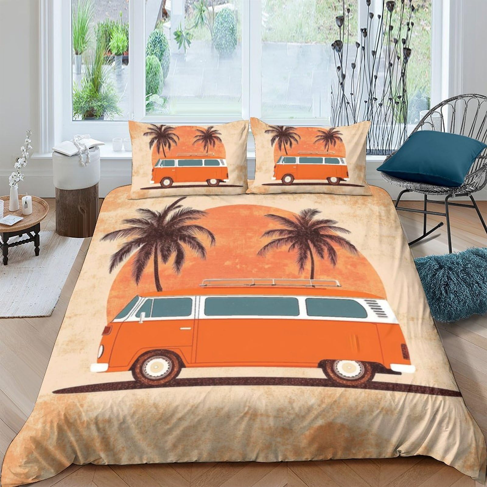 Ctjqhvkz Style-6 3D Printed Orange Camper Van Fitted Sheet Microfiber Palm Tree Bed Sheet For Bedroom Dorm Mattress Protection Decor Single（135X200cm）