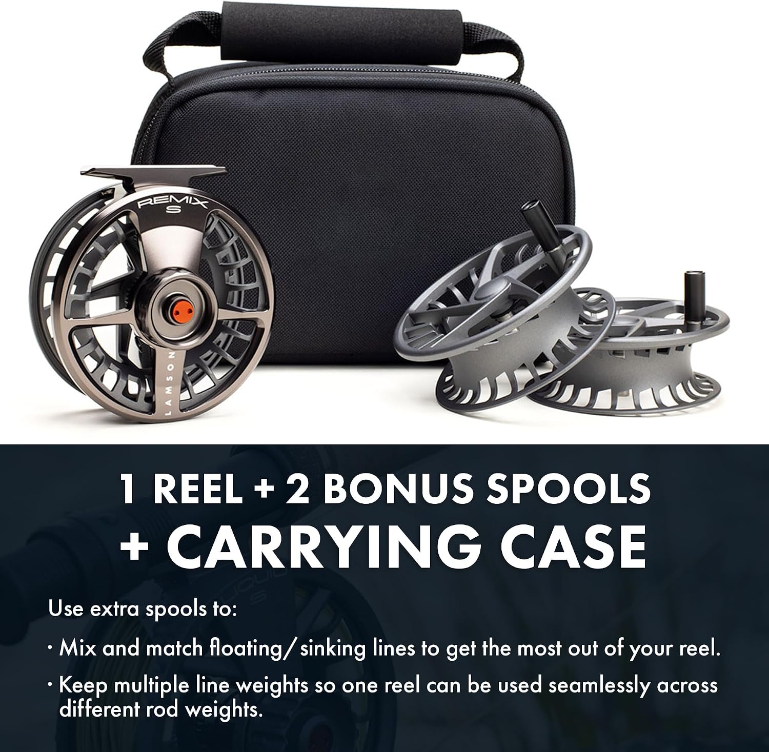 Lamson Remix S-Series Fly Reel 3-Pack (1 Reel & 2 spools with Carrying case) CNC machined Frame, Sealed Drag, 3/4/5/6/7/8/9/10 Weights