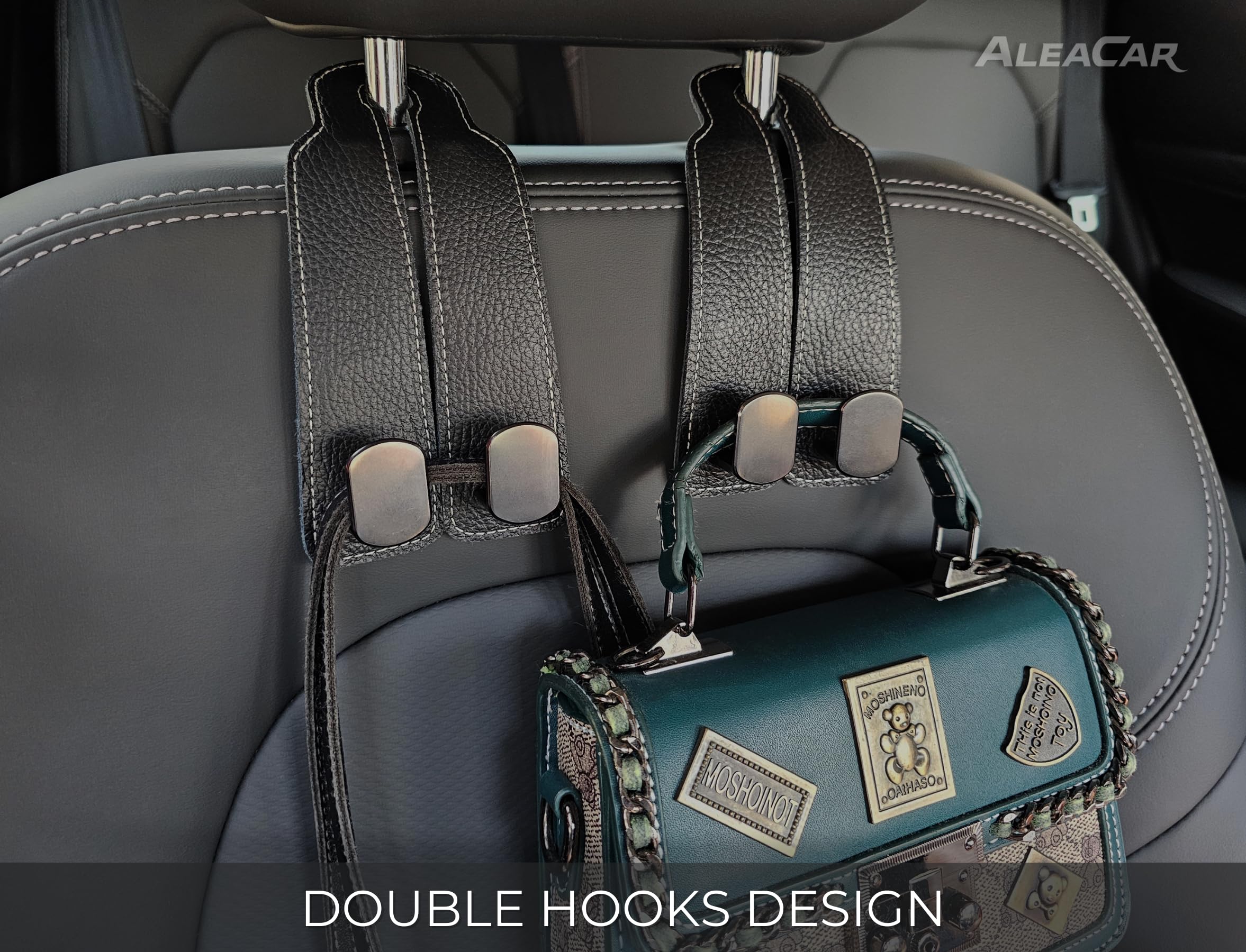 ALEACAR 2 Pack Car Seat Back Storage Hooks - Headrest Hooks for Purses and Bags, Leather (Black)