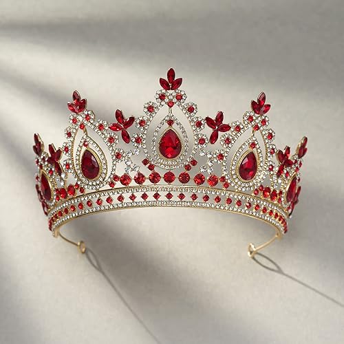 Miniatura 5 de SWEETV Corona roja de reina para mujer, tiara de boda para novia, tiara de princesa dorada, corona de quinceañera, tocado de cristal para
