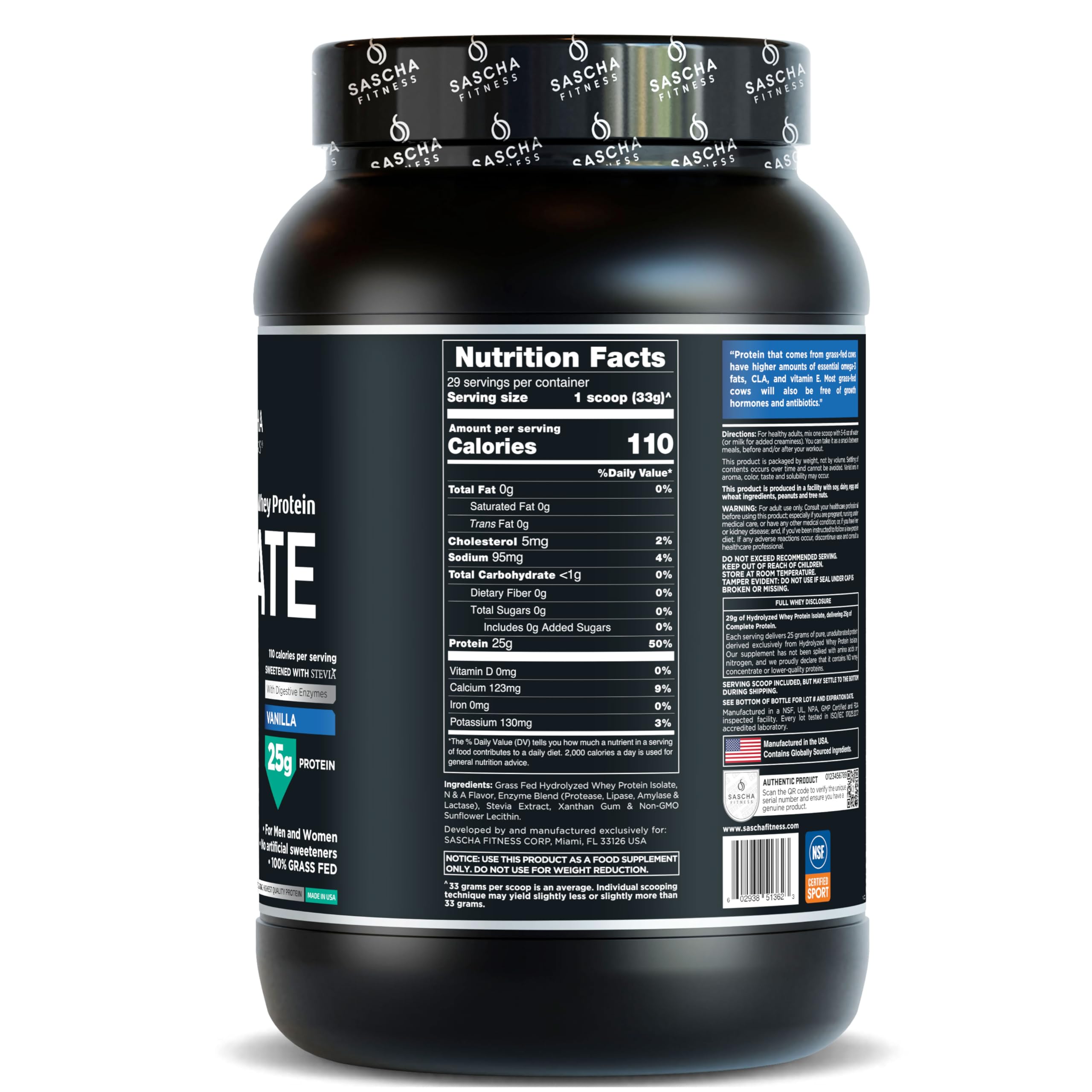SASCHA FITNESS Proteína Whey Isolate Hidrolizada Grass Fed - Sabor Vainilla - Sin Lactosa, Sin Azúcar, Sin Gluten - Con Enzimas Digestivas y Stevia - Baja en Calorías y Grasa - 957g (29 Servicios)