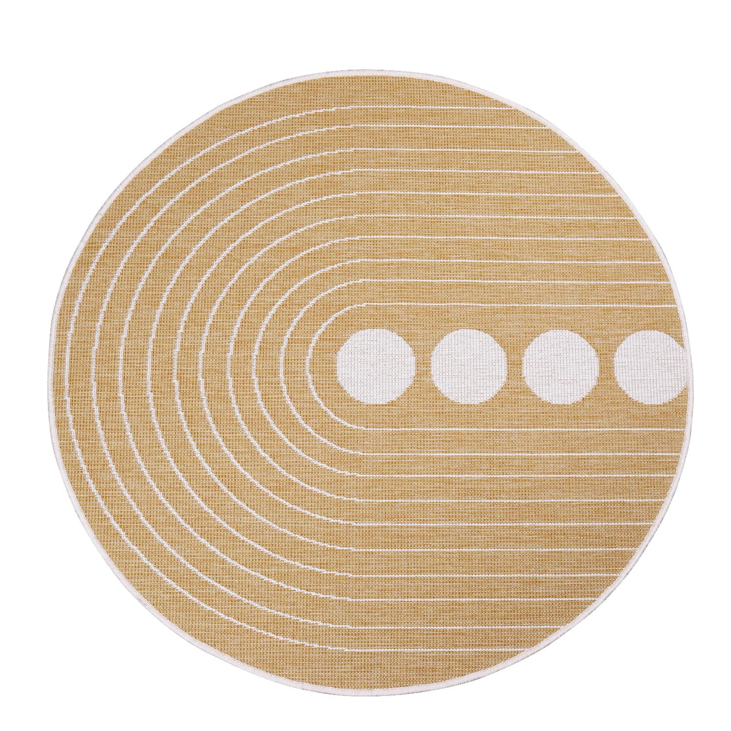 Payé Tapis réversible Jaune ocre crème 160 x 160 cm Motif cercle Rond Résistant aux intempéries pour balcon, terrasse, intérieur salon cuisine