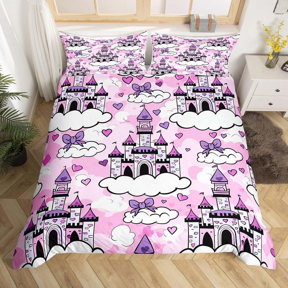 Erosebridal Toddler Size Comforter Cover for Girls Purple Castle Duvet Cover Romantic Love Heart Bedding Set Cartoon Clouds Quilt Cover Princess Bowknot Bed Set 2 Piece