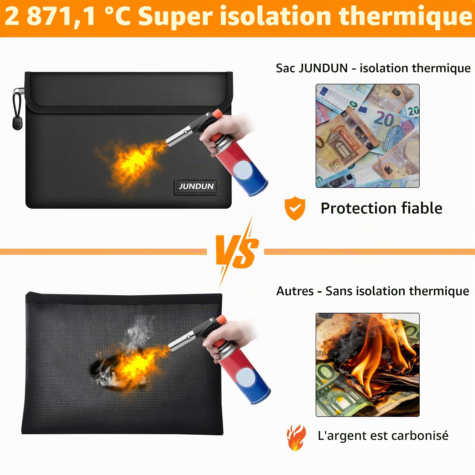 JUNDUN Porte-documents ignifuge (27 x 17 cm, 5200 °F), 8 couches, imperméable et ignifuge, sac de rangement ignifuge avec fermeture éclair pour argent, passeport, cartes bancaires