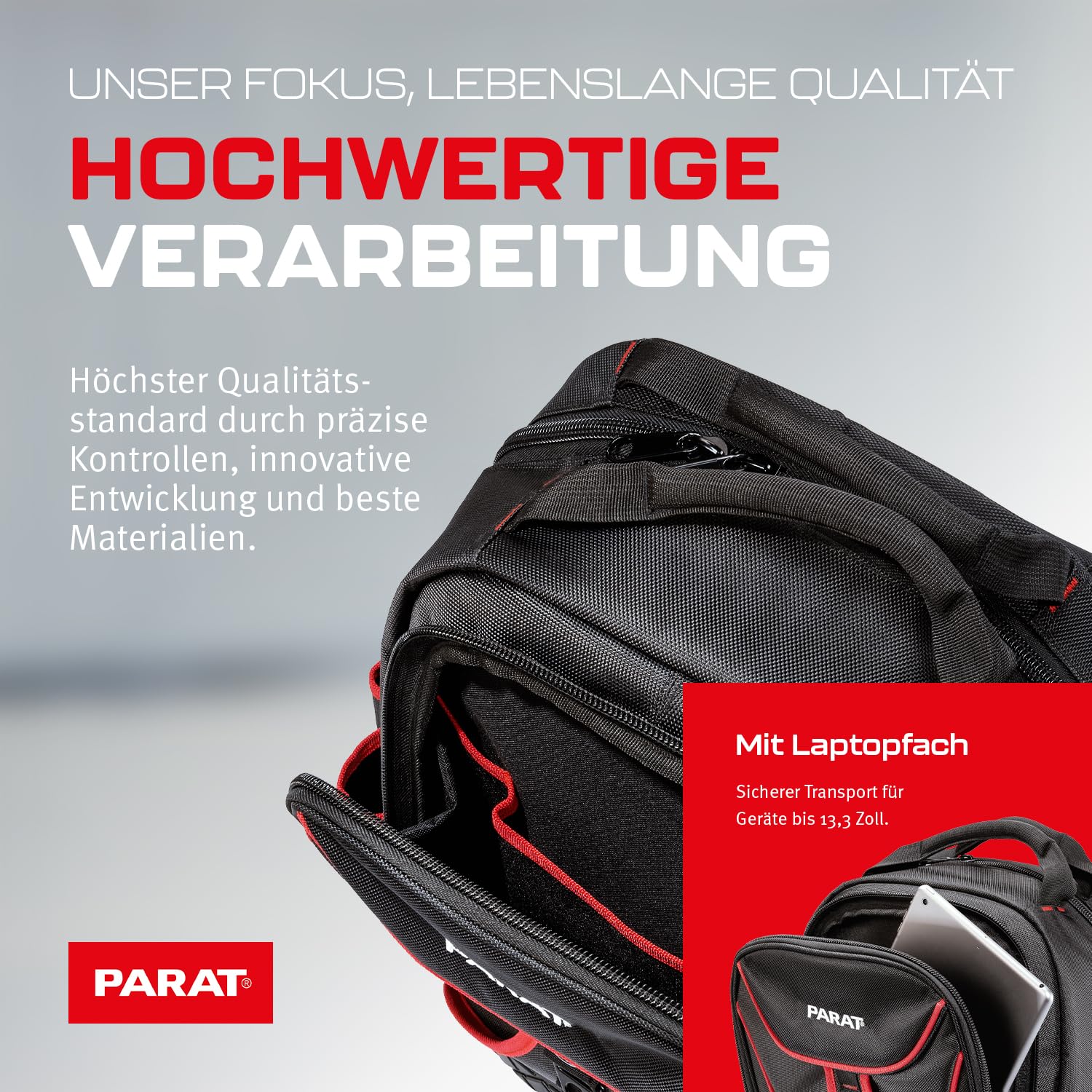 PARAT BASIC Backpack | Inkl. BASIC Roll-Up Case 8 | Werkzeugrucksack 23L für Elektriker | Robuster Nylon Rucksack | Werkzeugrucksack mit 15 Fächern & 6 Gummischlaufen | Elektriker Rucksack