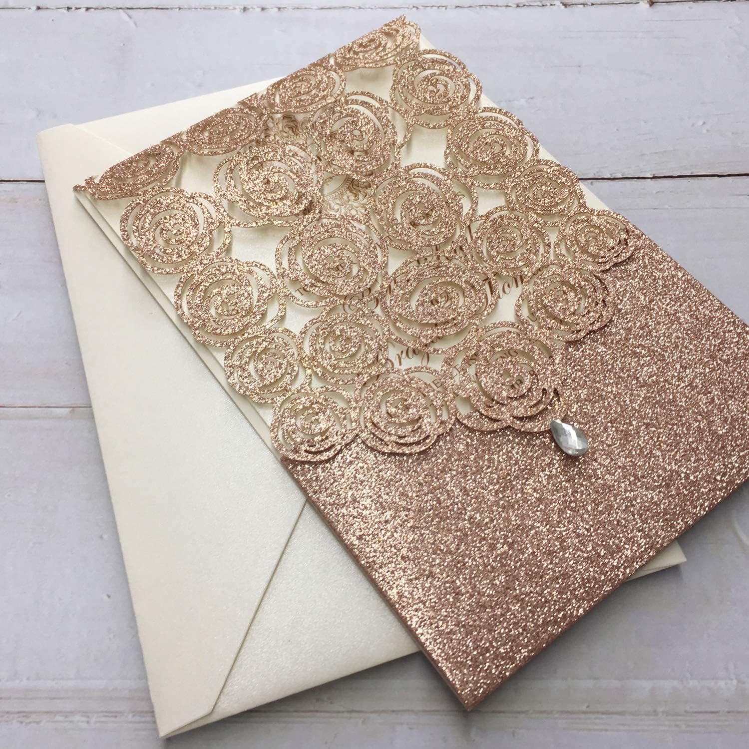 25PCS Wedding Invitations with Envelopes 5 x 7-inch Lasercut Vertical Pocket Gold Wedding Invitation Kit for Wedding Party, Bridal Shower