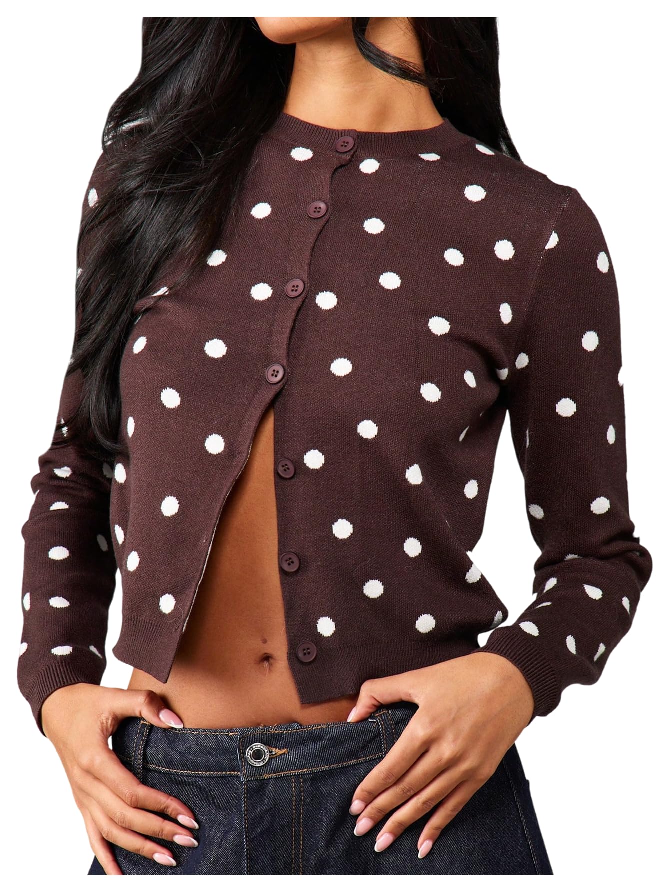 MakeMeChic Womens Polka Dots Cropped Cardigan Lightweight Long Sleeve Y2K Button Down Sweaters