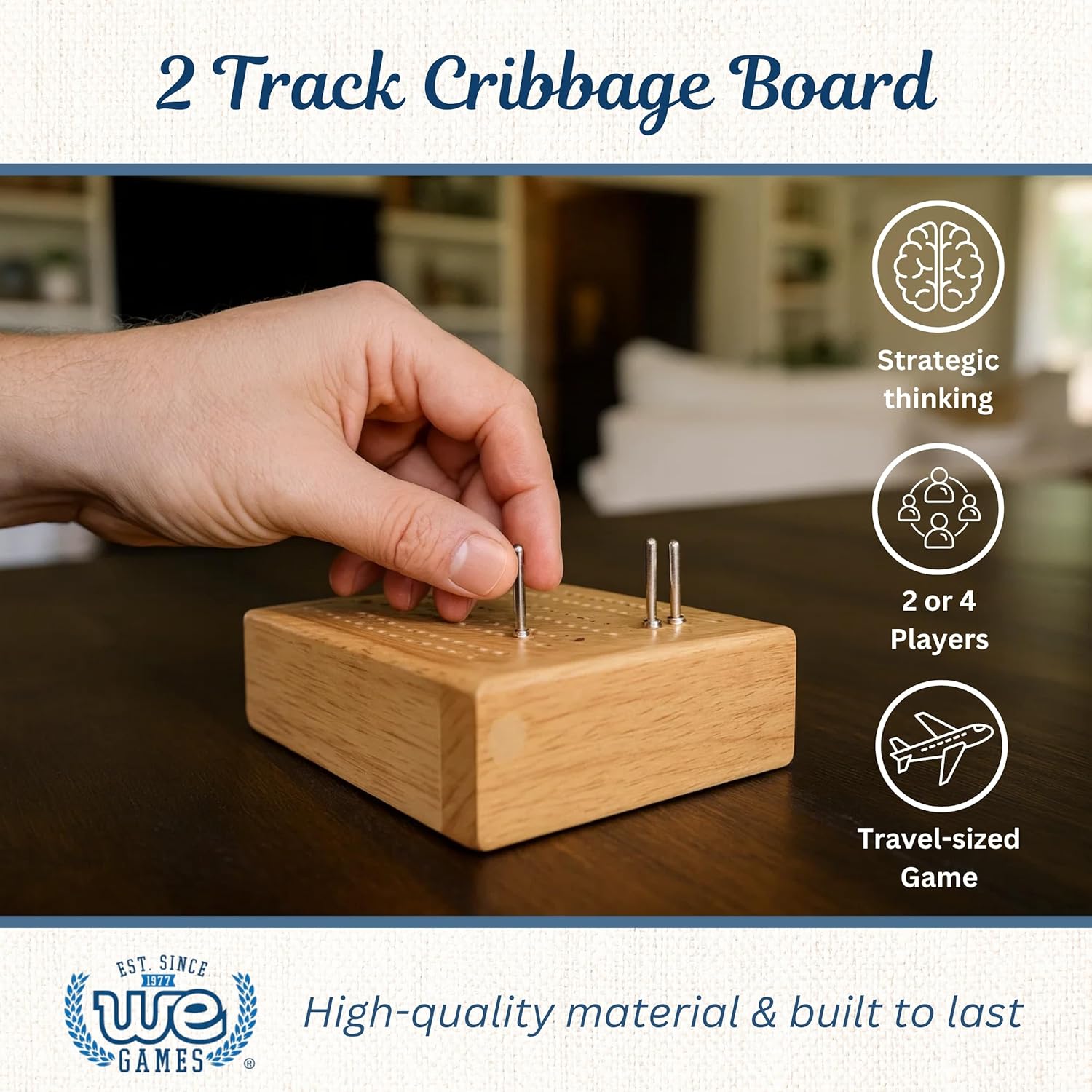 WE Games Wooden Travel Cribbage Board Game Set 4.75 in, Small 2 Track Travel Cribbage Board with Card Storage, Includes Deck and Metal Pegs (Pack of 2)