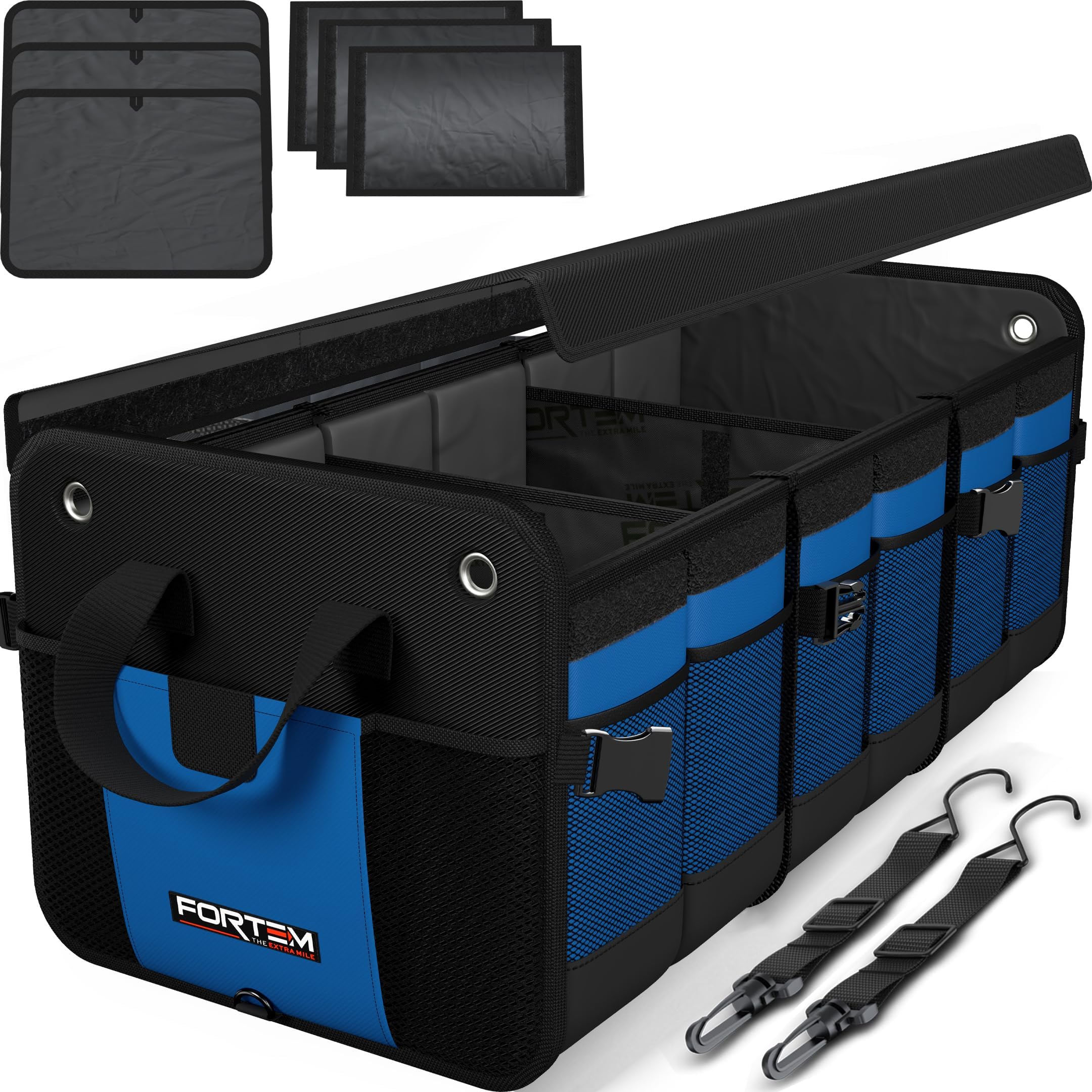 FORTEM Car Boot Organiser, SUV Boot Tidy, Trunk Storage, Collapsible Multi Compartment Car Organiser, Non Slip Bottom, Adjustable Securing Straps, Foldable Cover (90L)