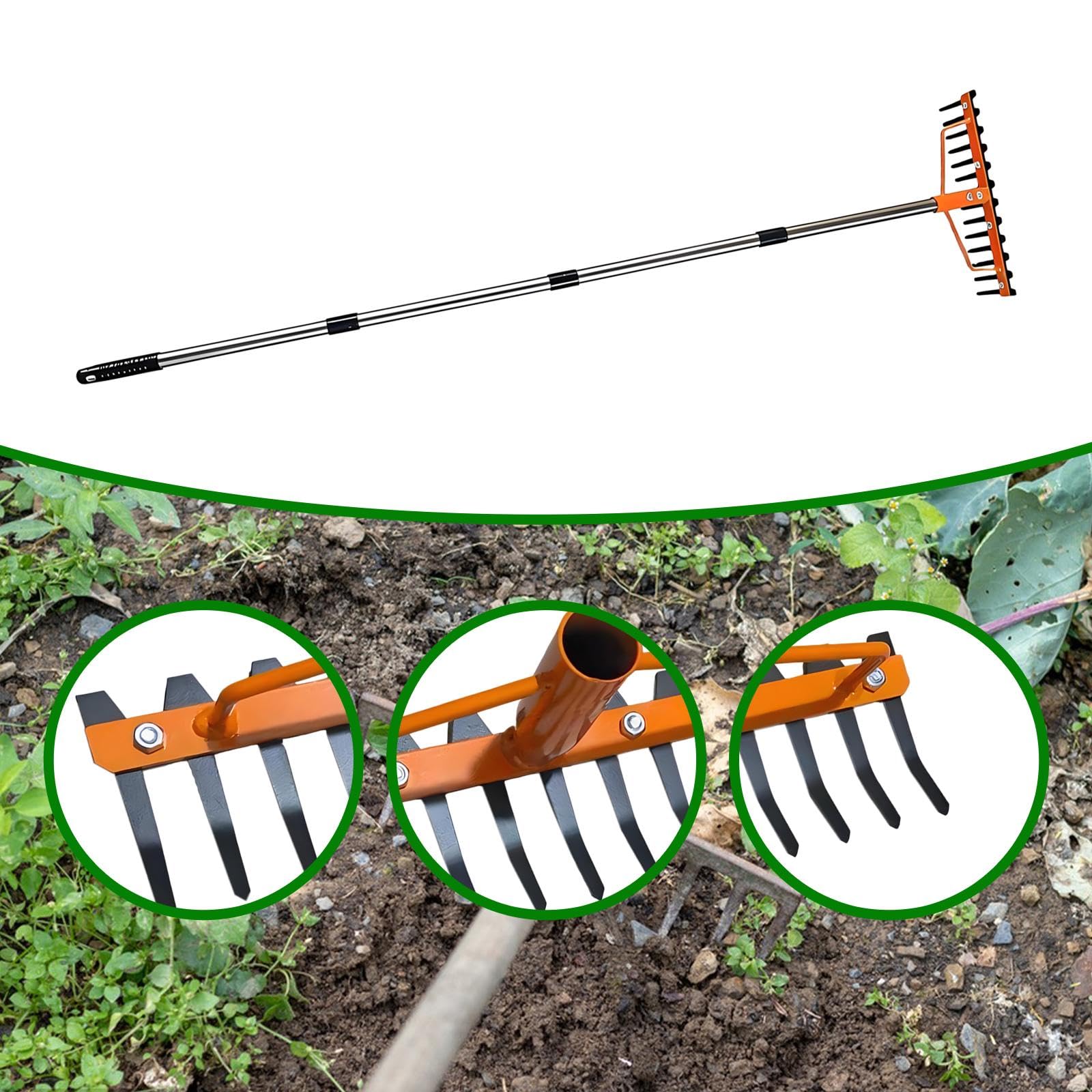 Rastrillo de Jardín para Y Recolección de Hojas Metálica para Mantenimiento del Suelo Accesorio Multifuncional Adecuado para Exterior, Mango Largo