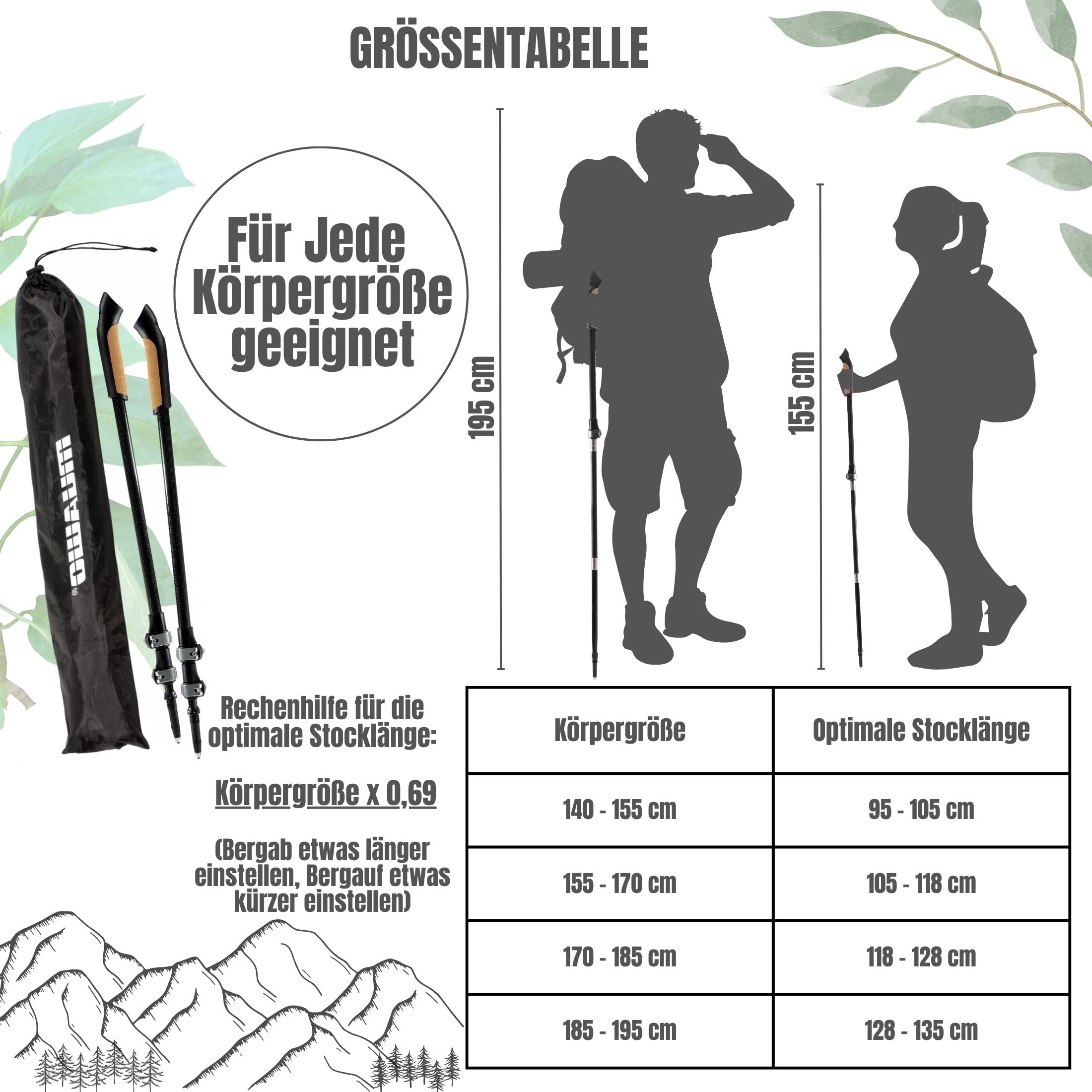 Muawo verstellbar Premium Nordic Walking Stöcke | 100% Carbon, ultraleichte 209g, 64-135cm Easy-Clickverschluss | Trekkingstöcke, Wanderstöcke, Walkingstöcke Herren & Damen